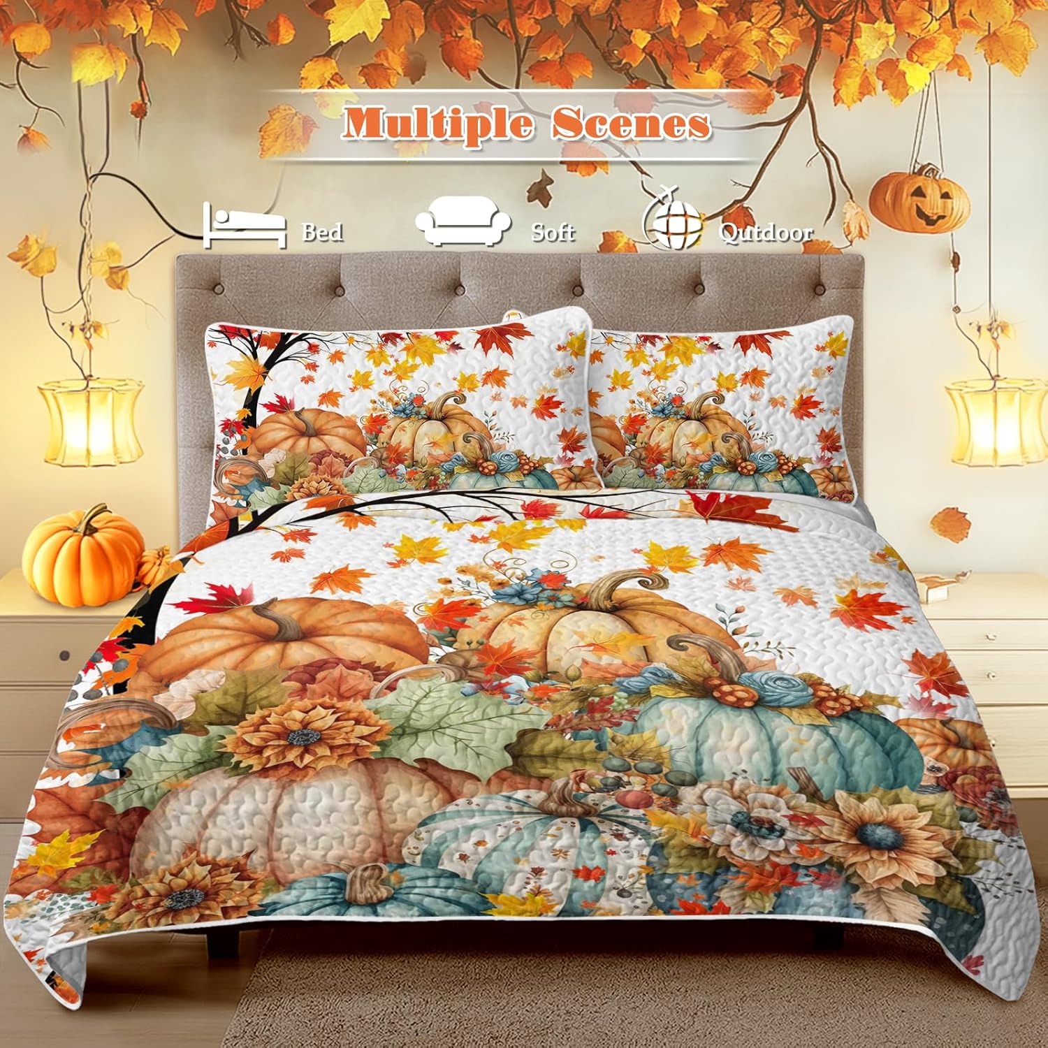 BlessLiving 3-Piece Pumpkin Quilt Set with Pillowcases