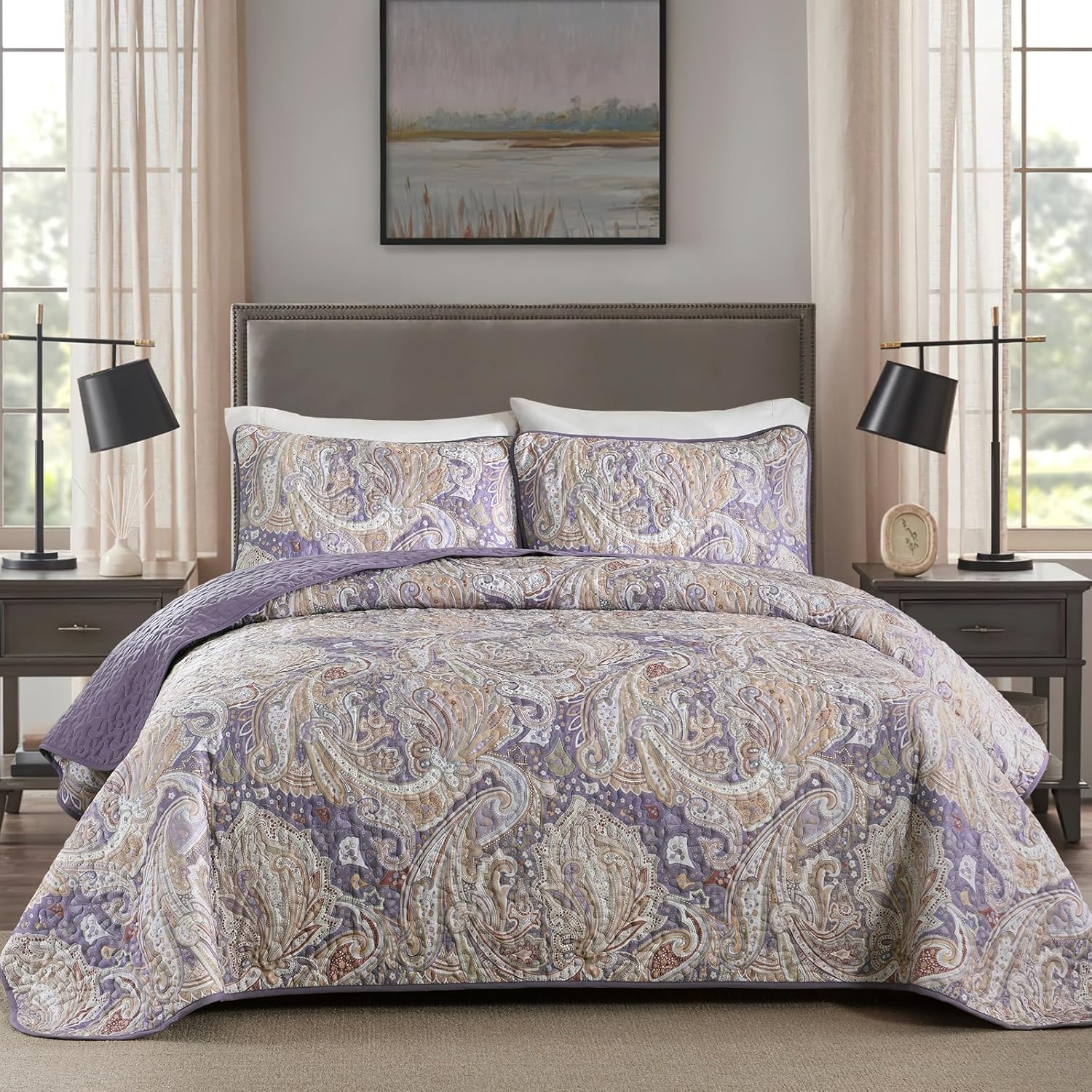 DJY Purple Paisley Queen Quilt Set 3 Pieces