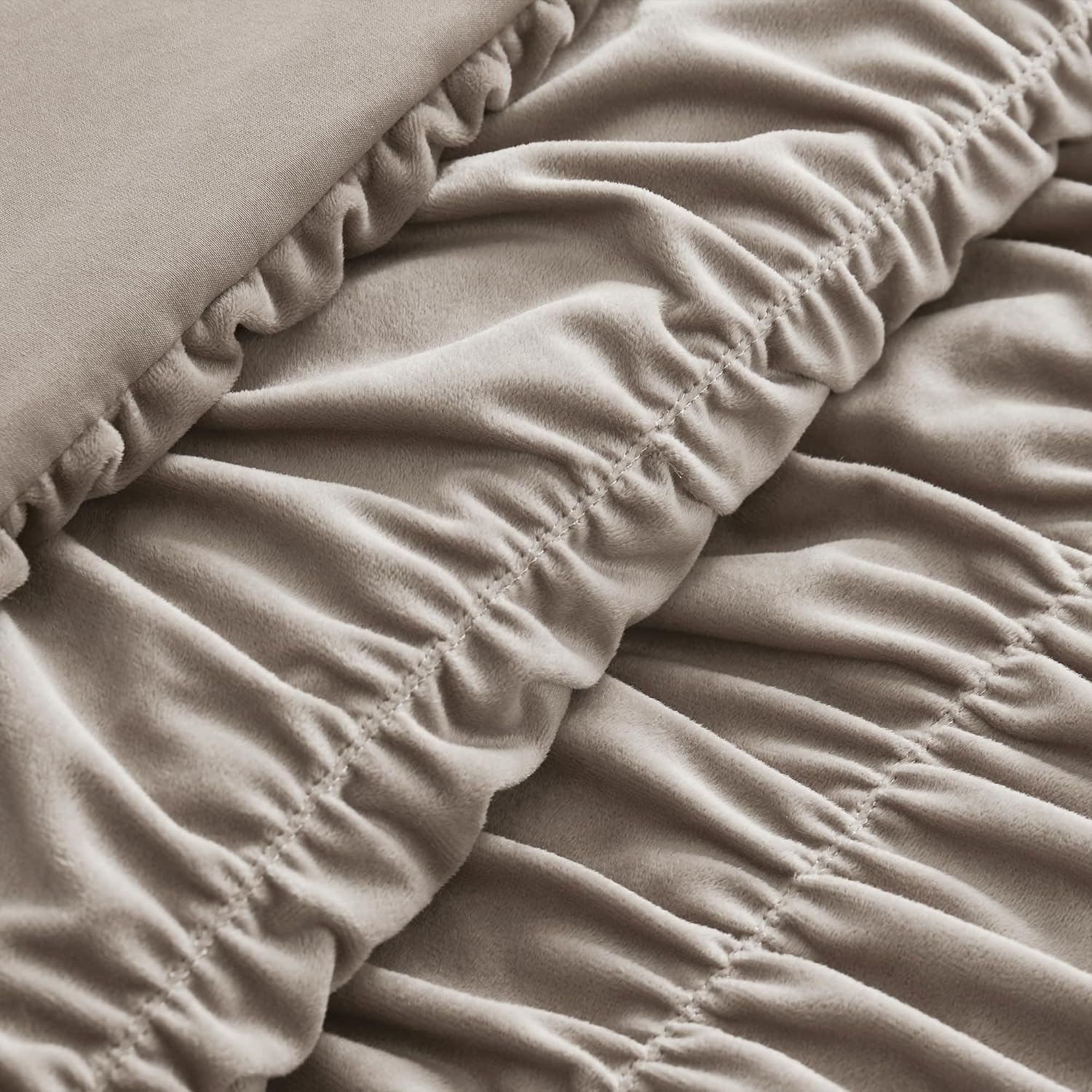 Wonderful Ruched Velvet Quilt Set Queen Size Light Brown