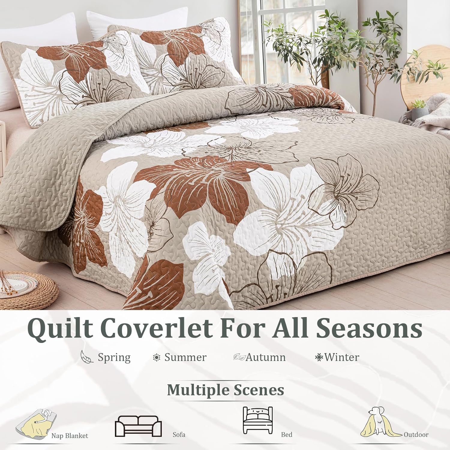 DJY 3 Piece King Taupe Floral Quilt Set