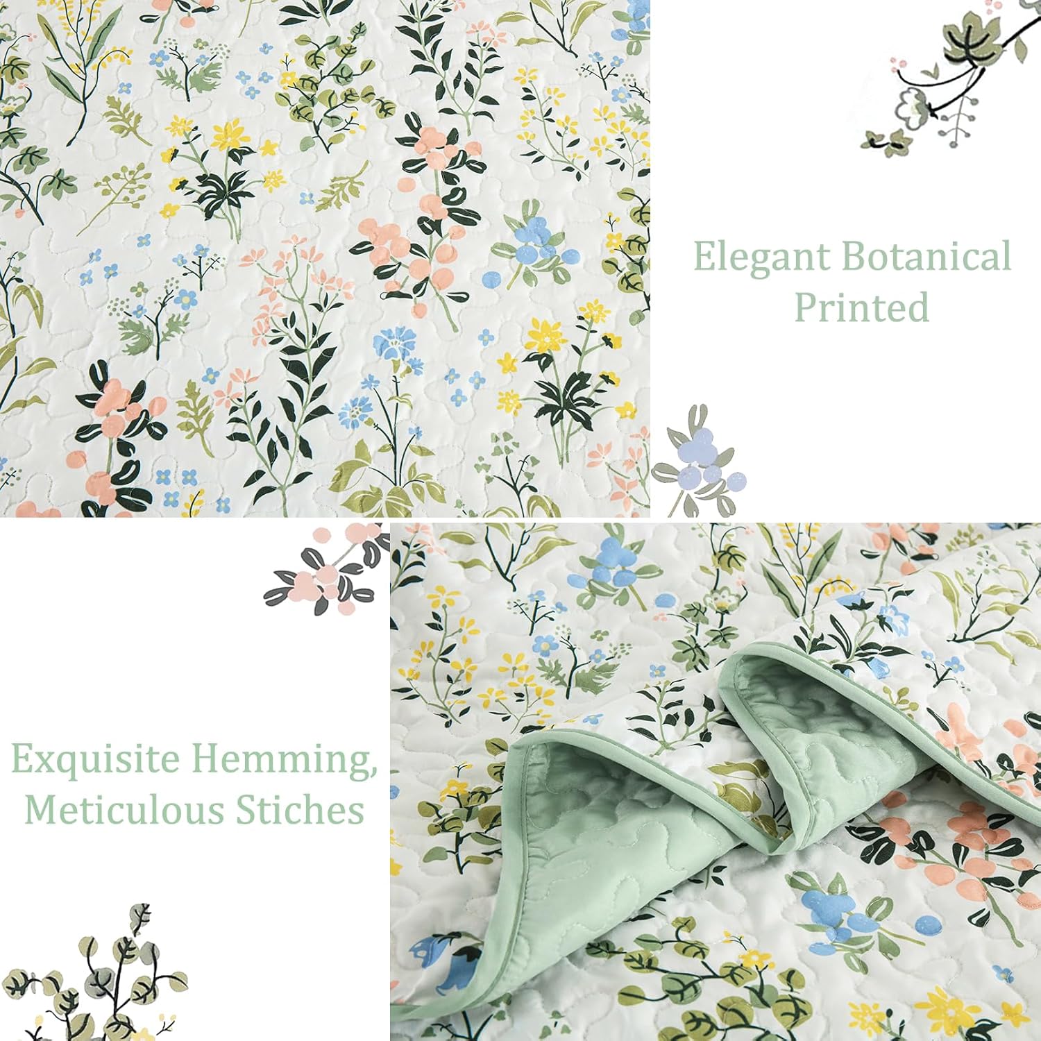 Anibedding Floral Quilt Set 3pcs King Size Green