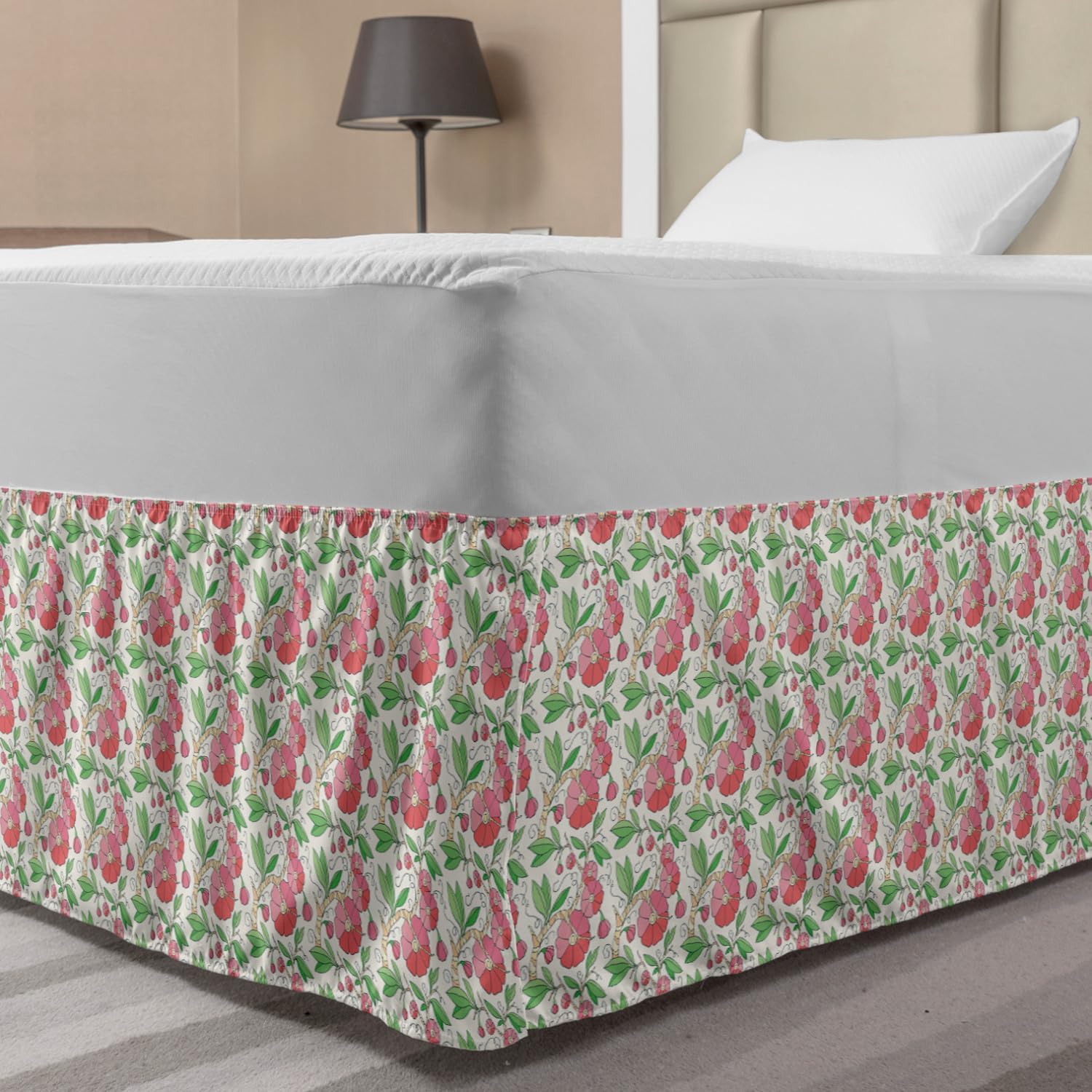 Lunarable Springtime Bed Skirt Soft Pastel Pink Hand Drawn Flowers