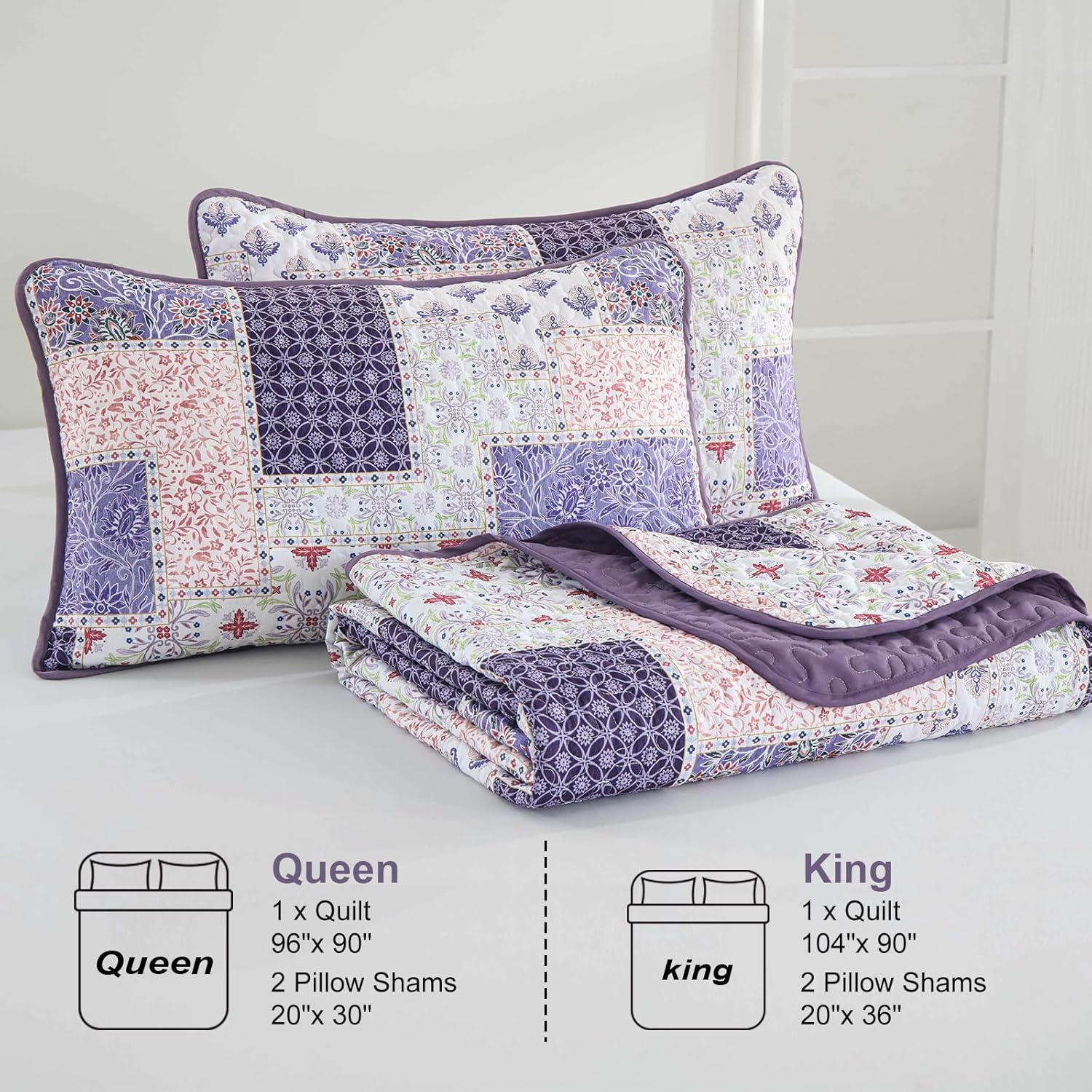 Xruibed Plaid Patchwork Quilt Set Queen Size 3 Pieces