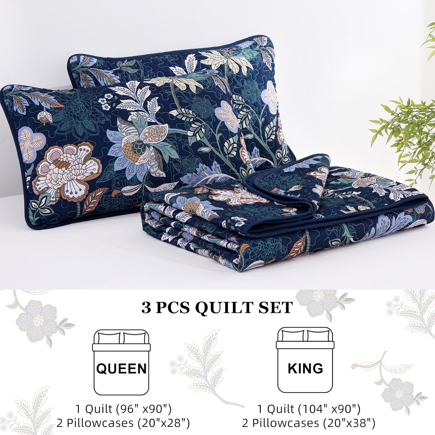 WONGS BEDDING Queen Quilt Set 3 PC Navy Blue Floral Bedspread