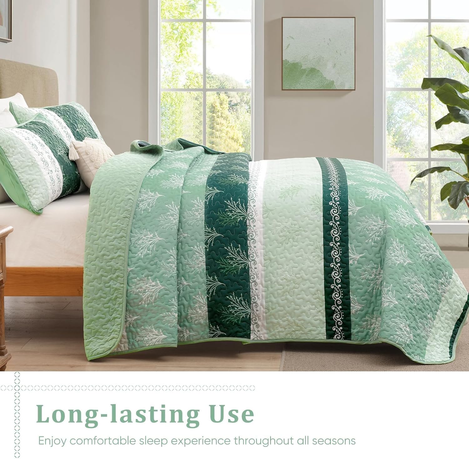 DJY Boho Quilt Set with 3 Pieces King Green Striped Floral Bedspread