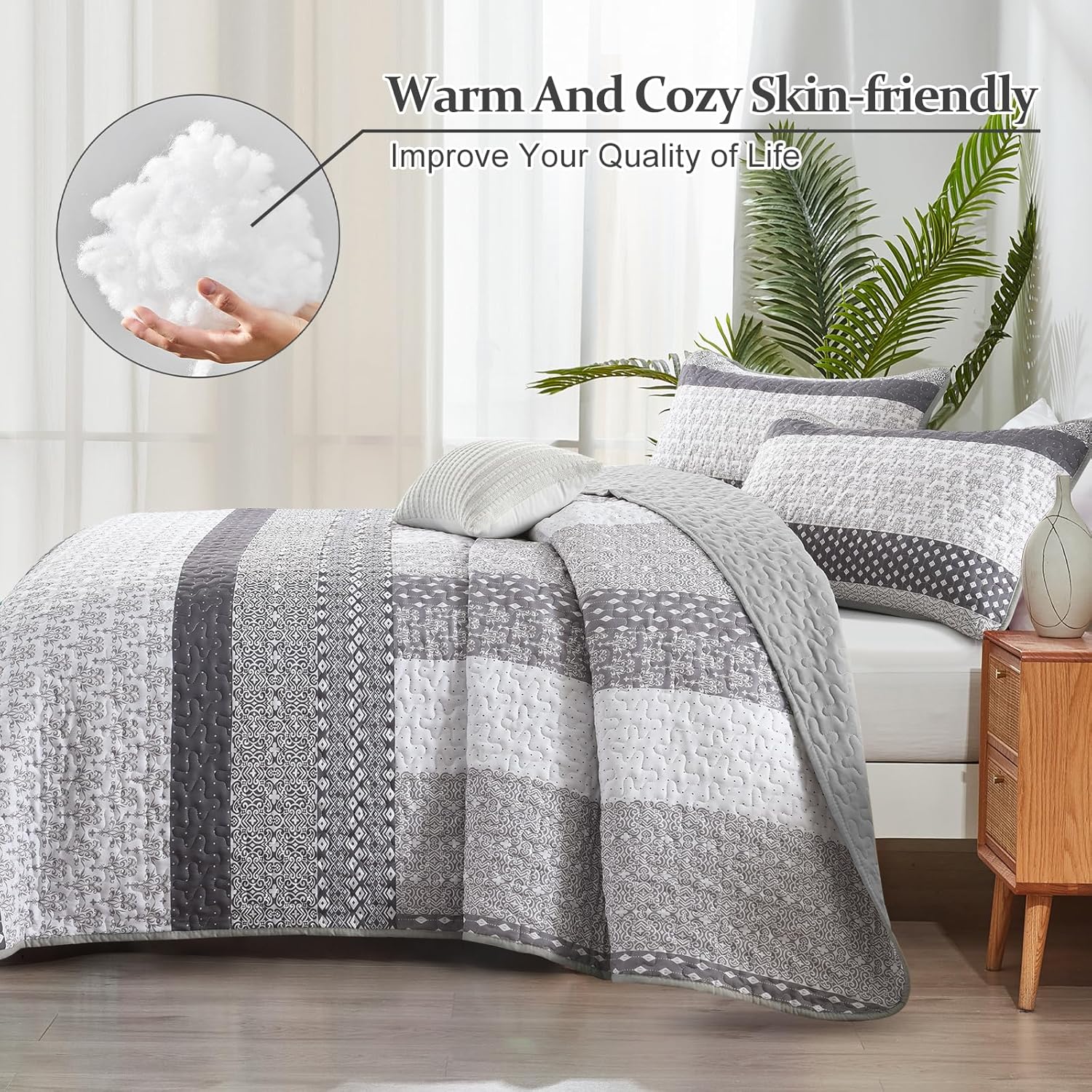 WONGS BEDDING Grey Boho Queen Quilt Set 3 pcs