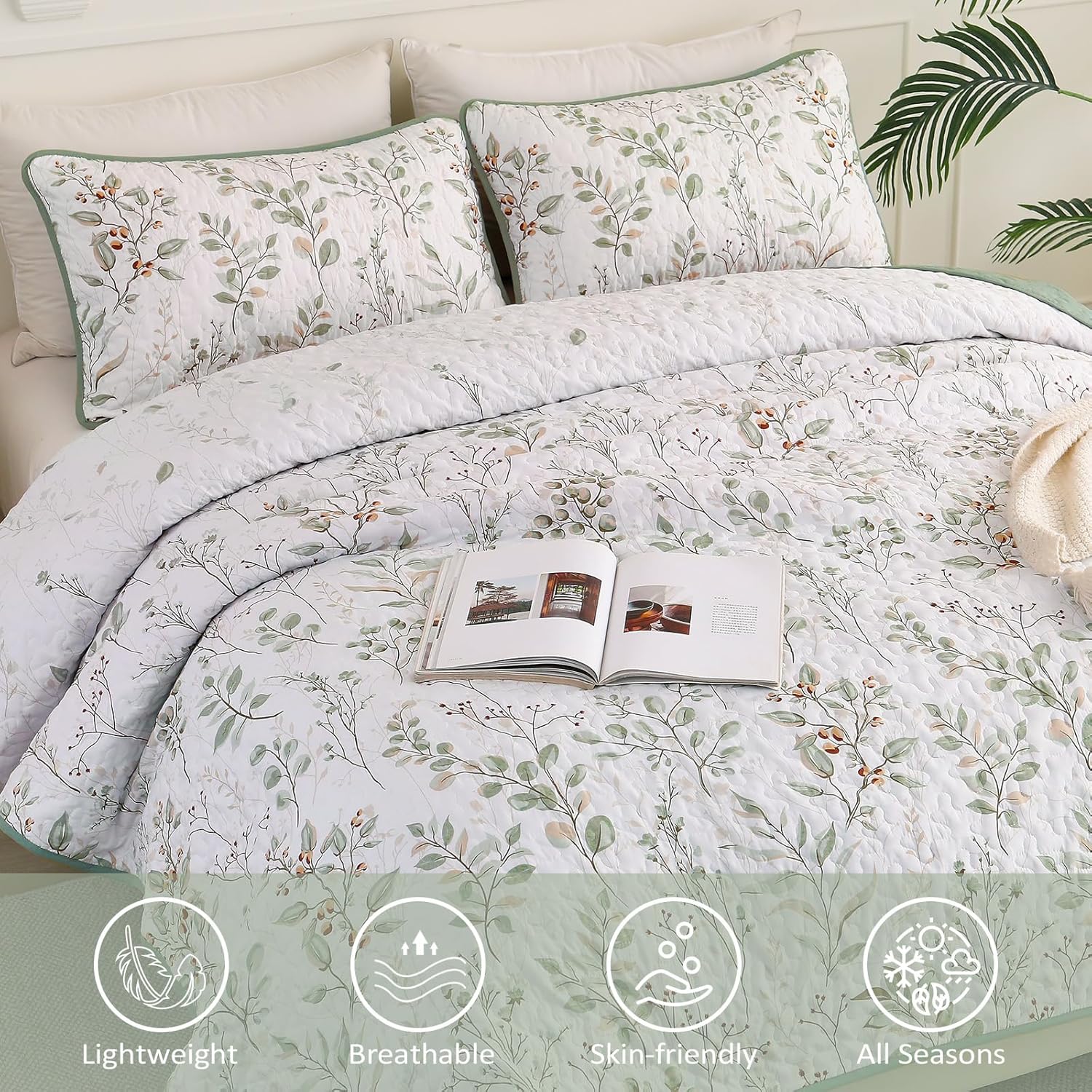 Anibedding Queen Size Quilt Set with Green Floral Pattern