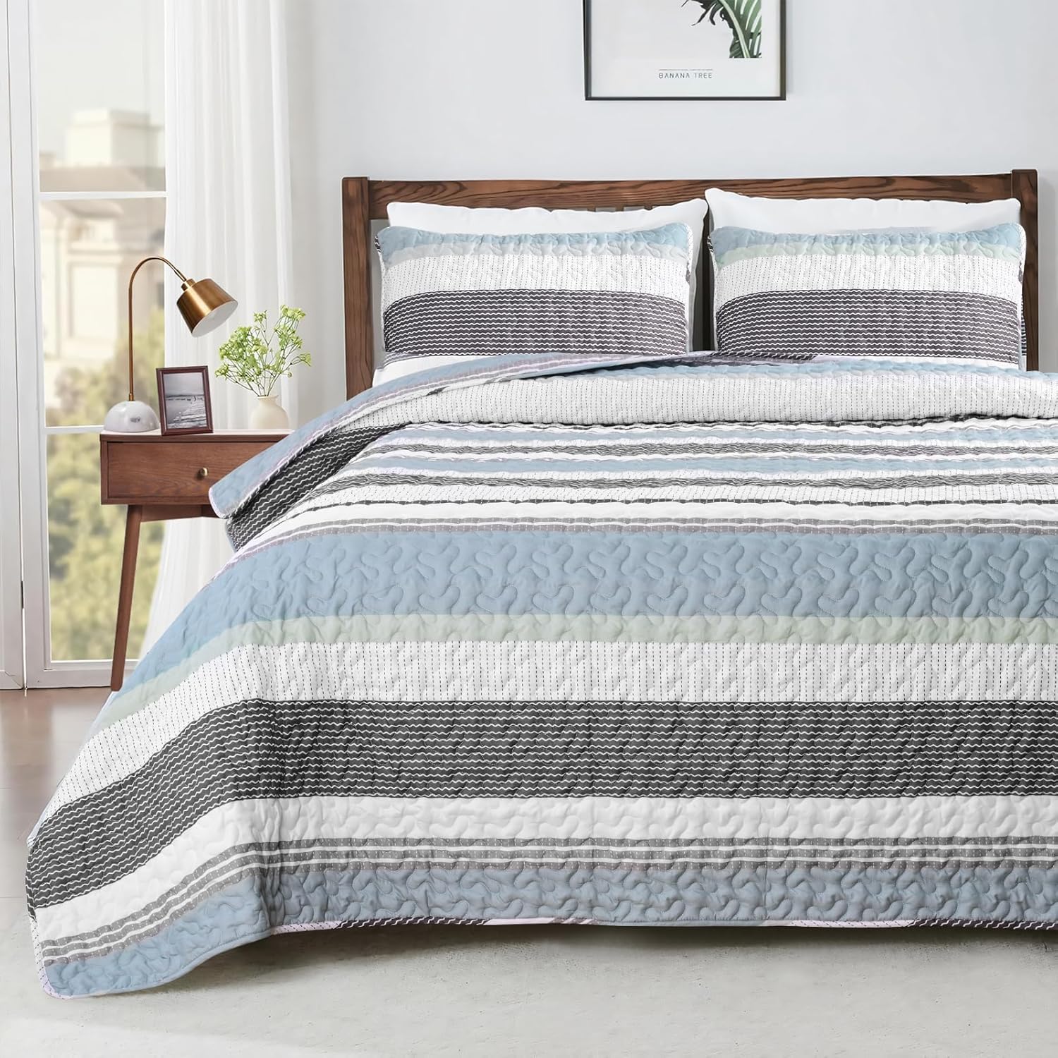 Siyaluens King Size Quilt Set - Sage Green 106x96