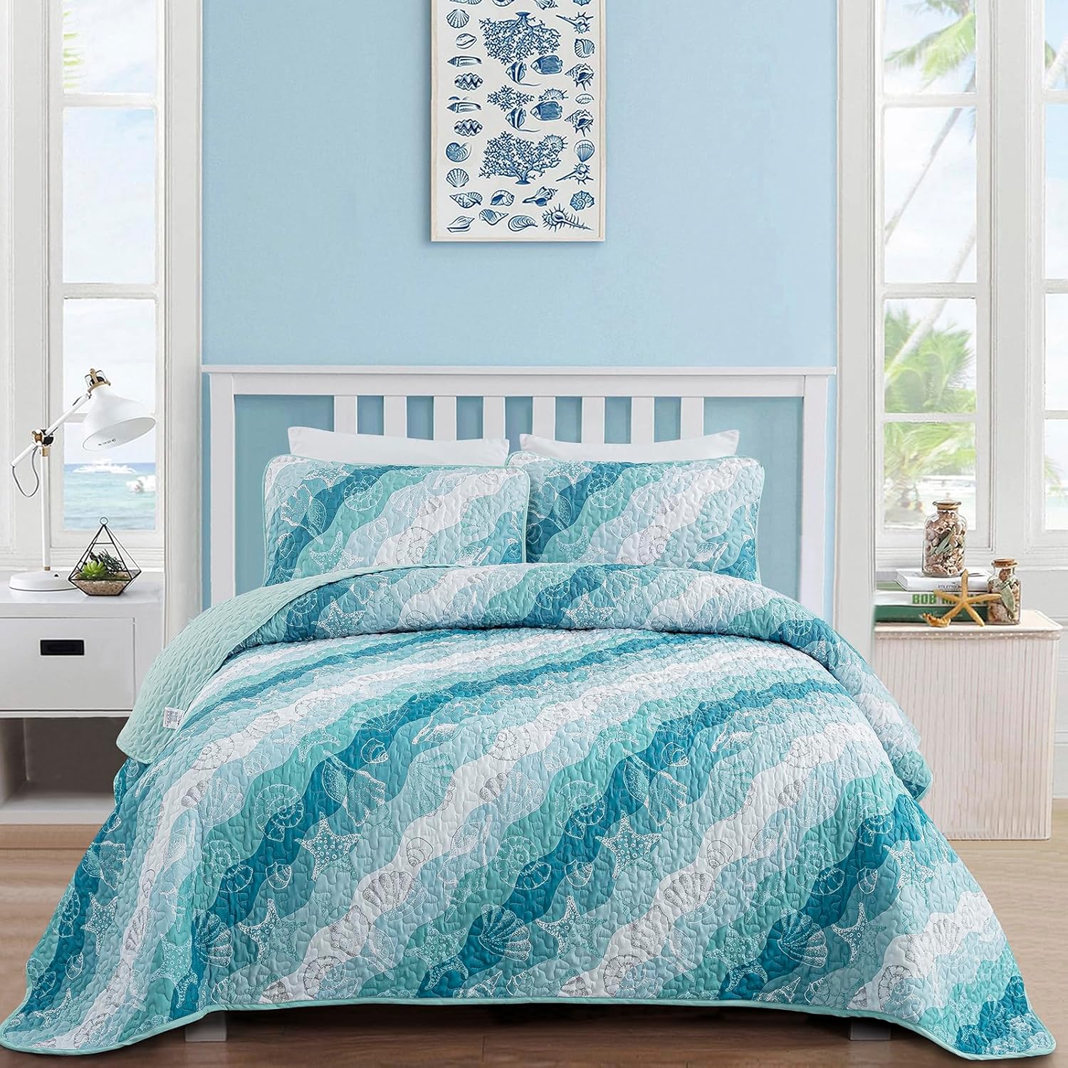 Dinjoy Coastal Blue Green King Size Quilt Set