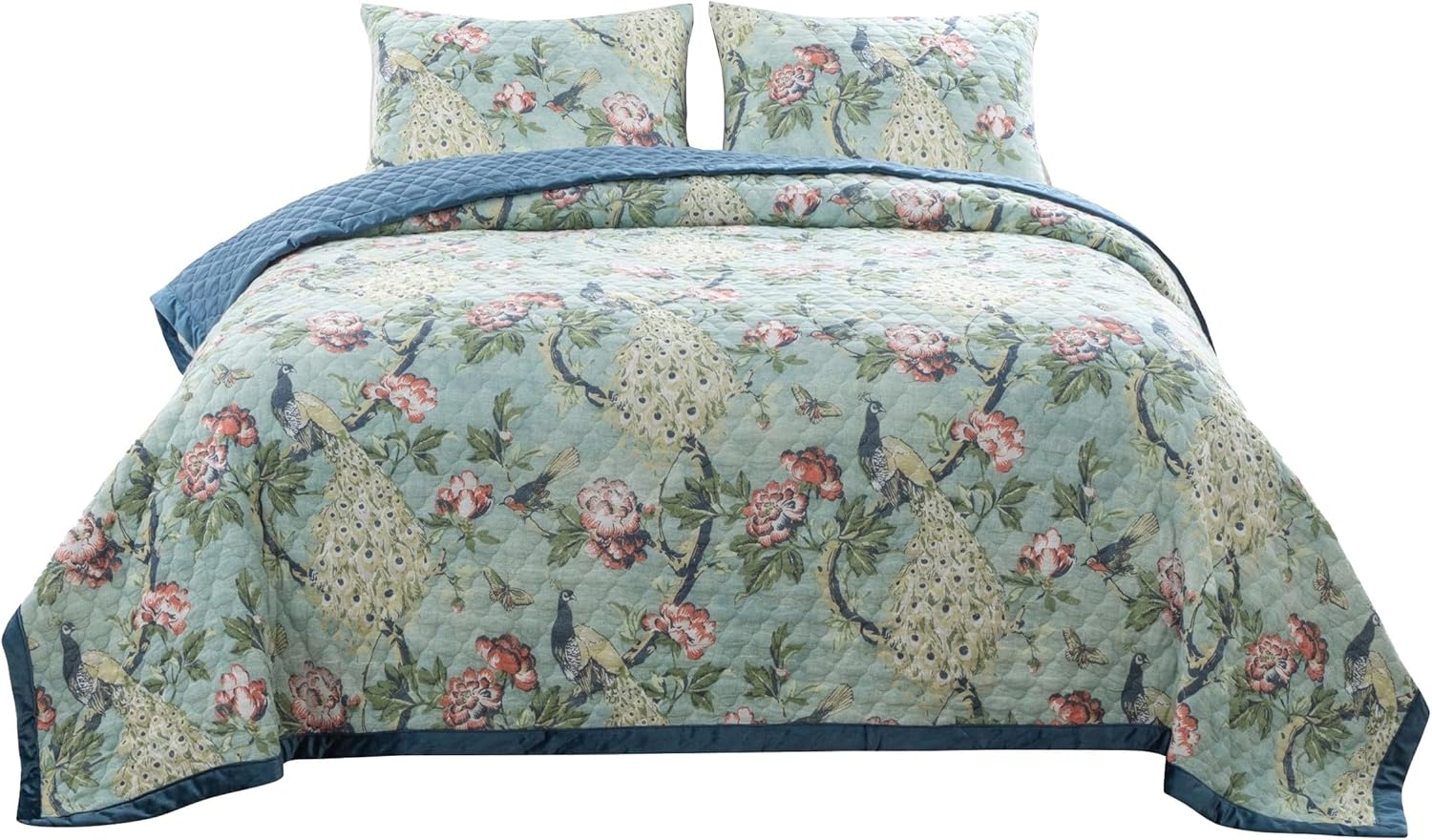 Benjara Eden 3 Piece King Quilt Set Peacock Print