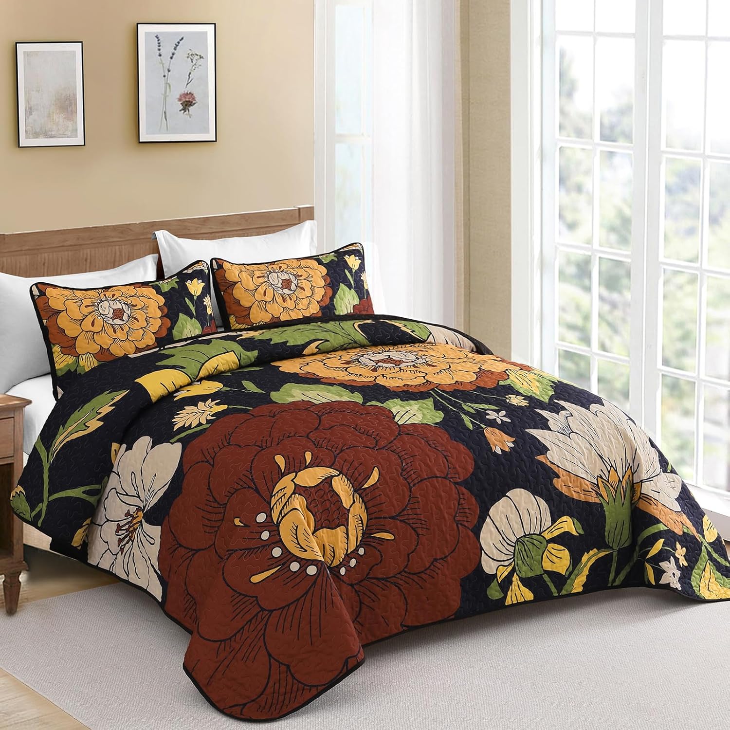 DJY Boho Floral Quilt Set Queen Size 3 Pieces