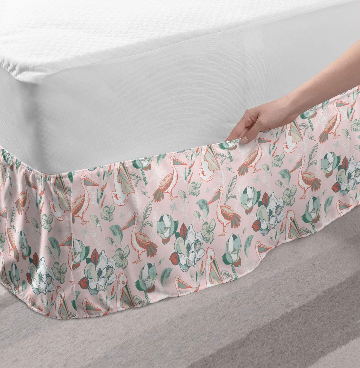 Lunarable Pelican Bed Skirt with Exotic Flower Bird Design