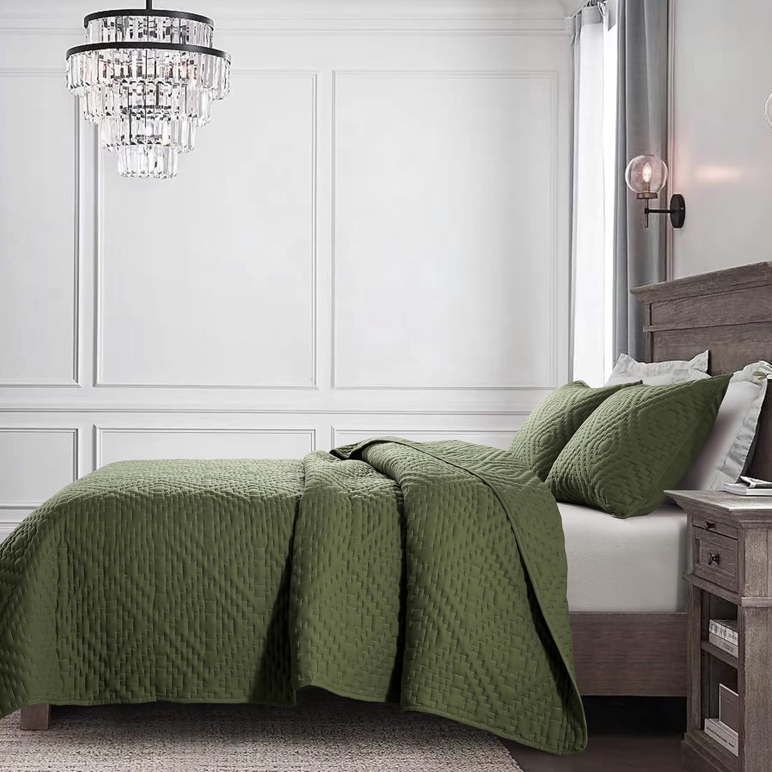 Olive Green Queen Quilt Set with Pillow Shams 3 Piece