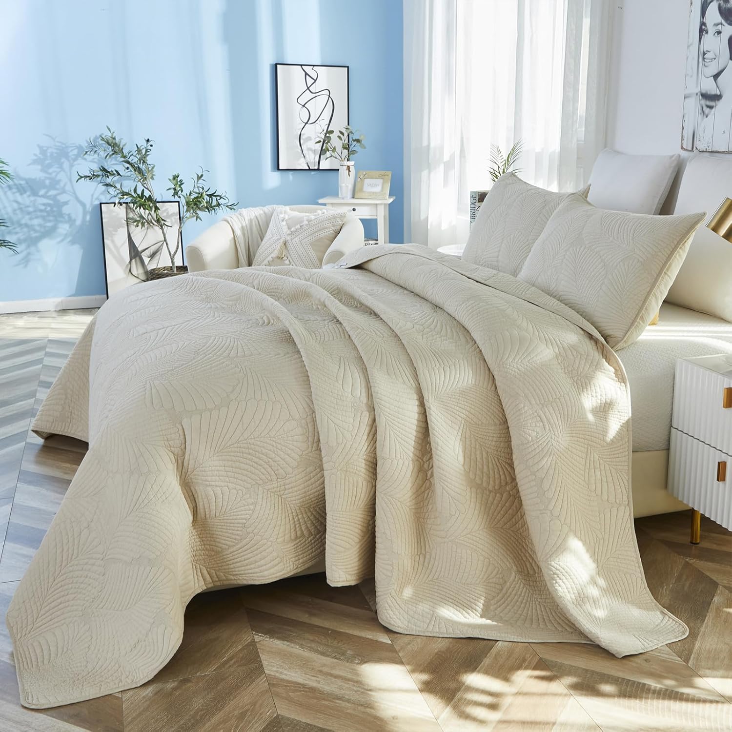 Brandream King Size Quilt Set Cotton Elegant Beige