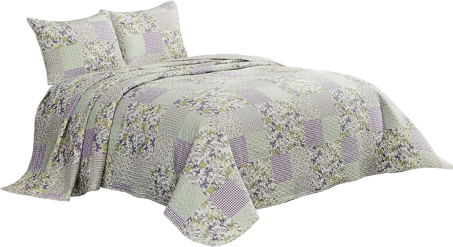 Chezmoi Daisy 3-Piece Quilt Set - Purple Butterfly Botanical Print