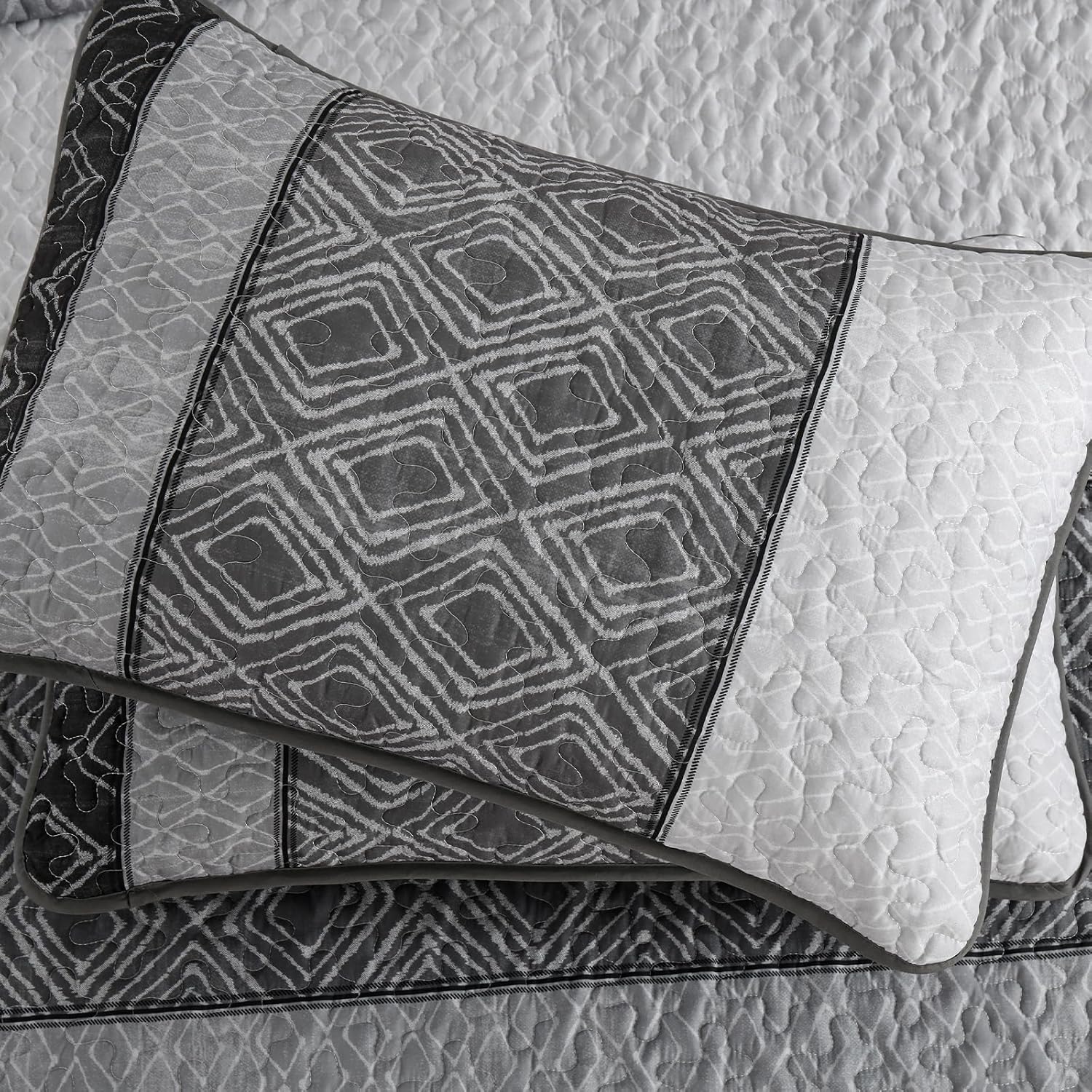 Cottolester Boho Quilt Set 3 Pieces Full Size Grey Striped Plaid