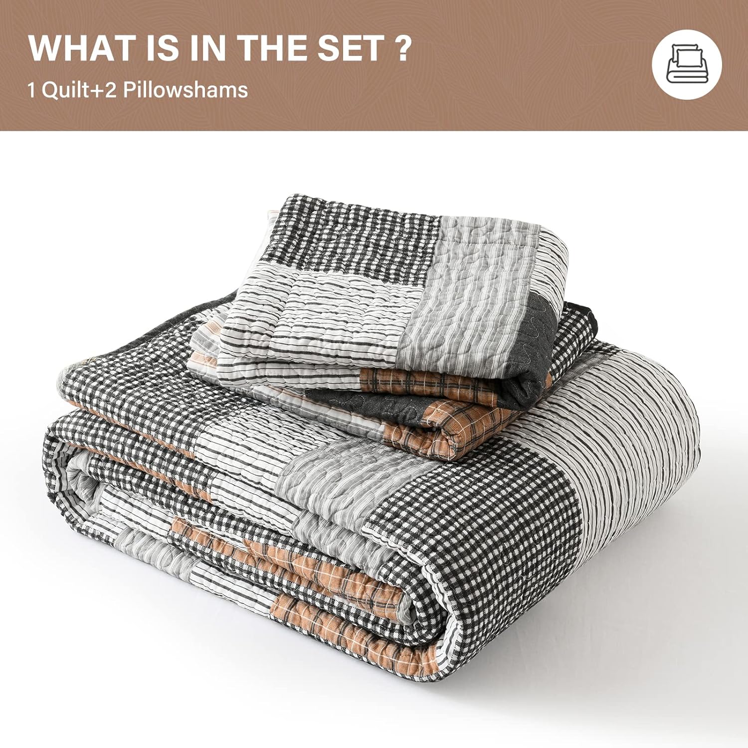 SahSahCasa King Quilt Set 3 Piece Grey Black Brown White