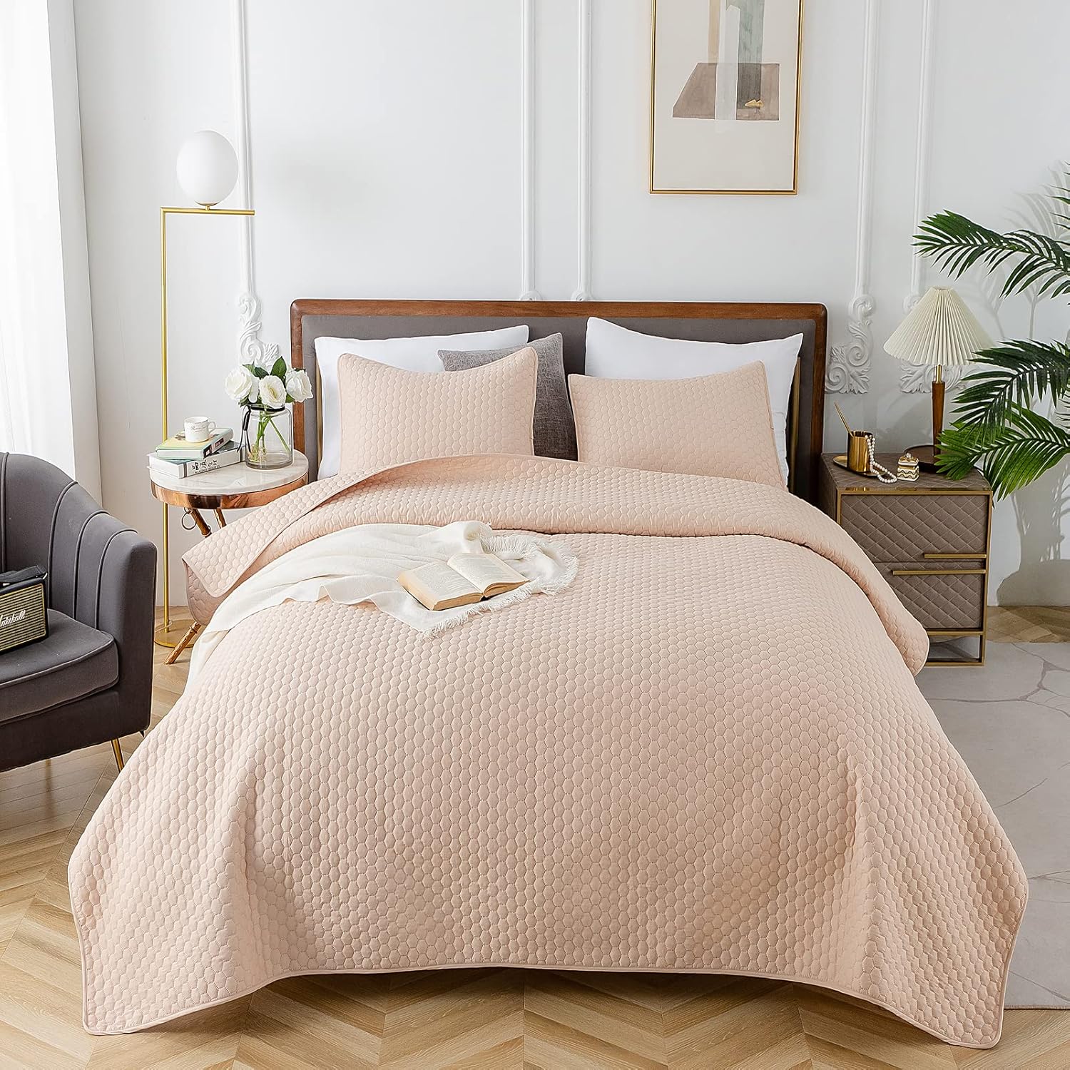 HENGWEI Queen Quilt Set with Champagne Gold Design
