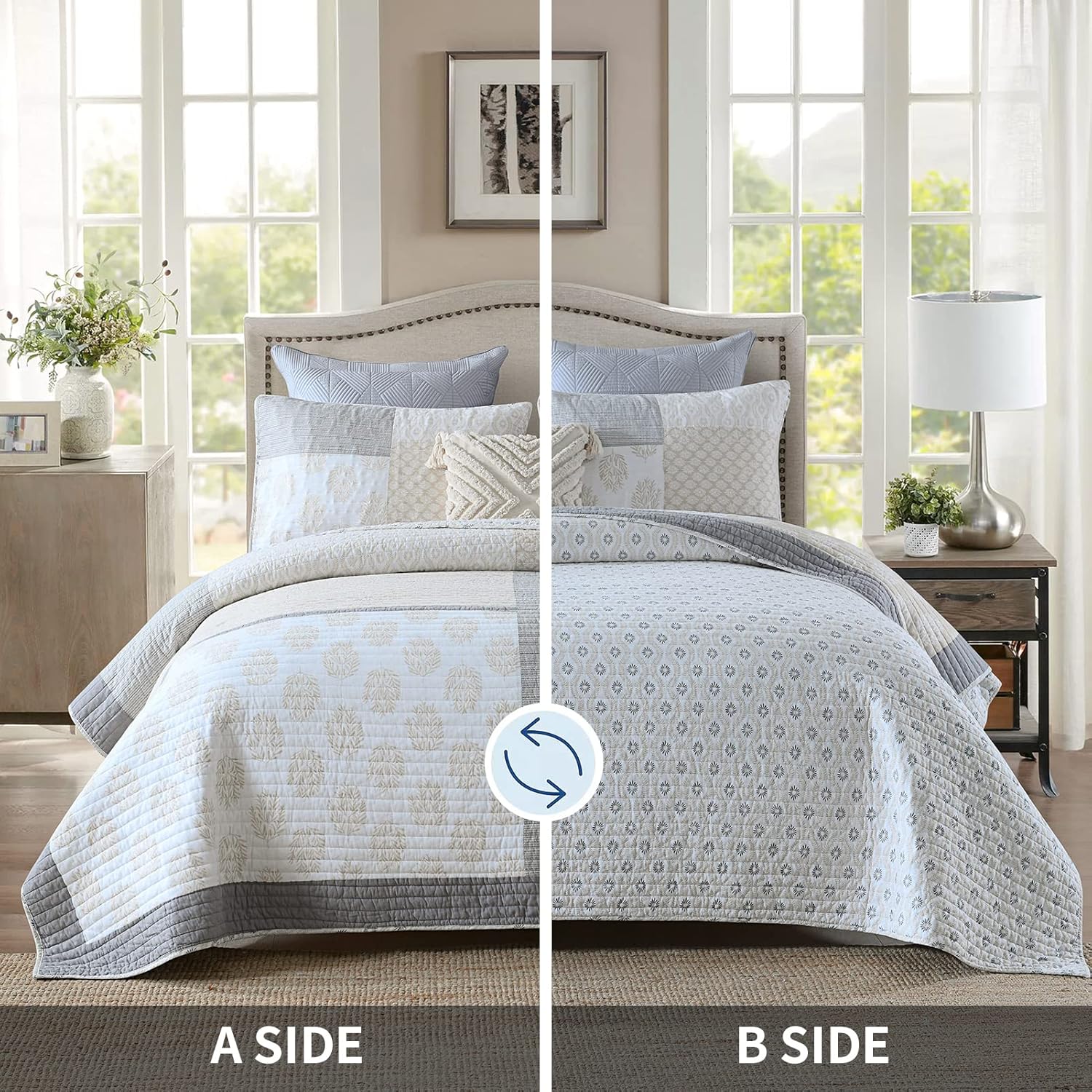 PANGUSHAN Queen Quilt Set 3 Pieces 100 Cotton Reversible Patchwork Quilt