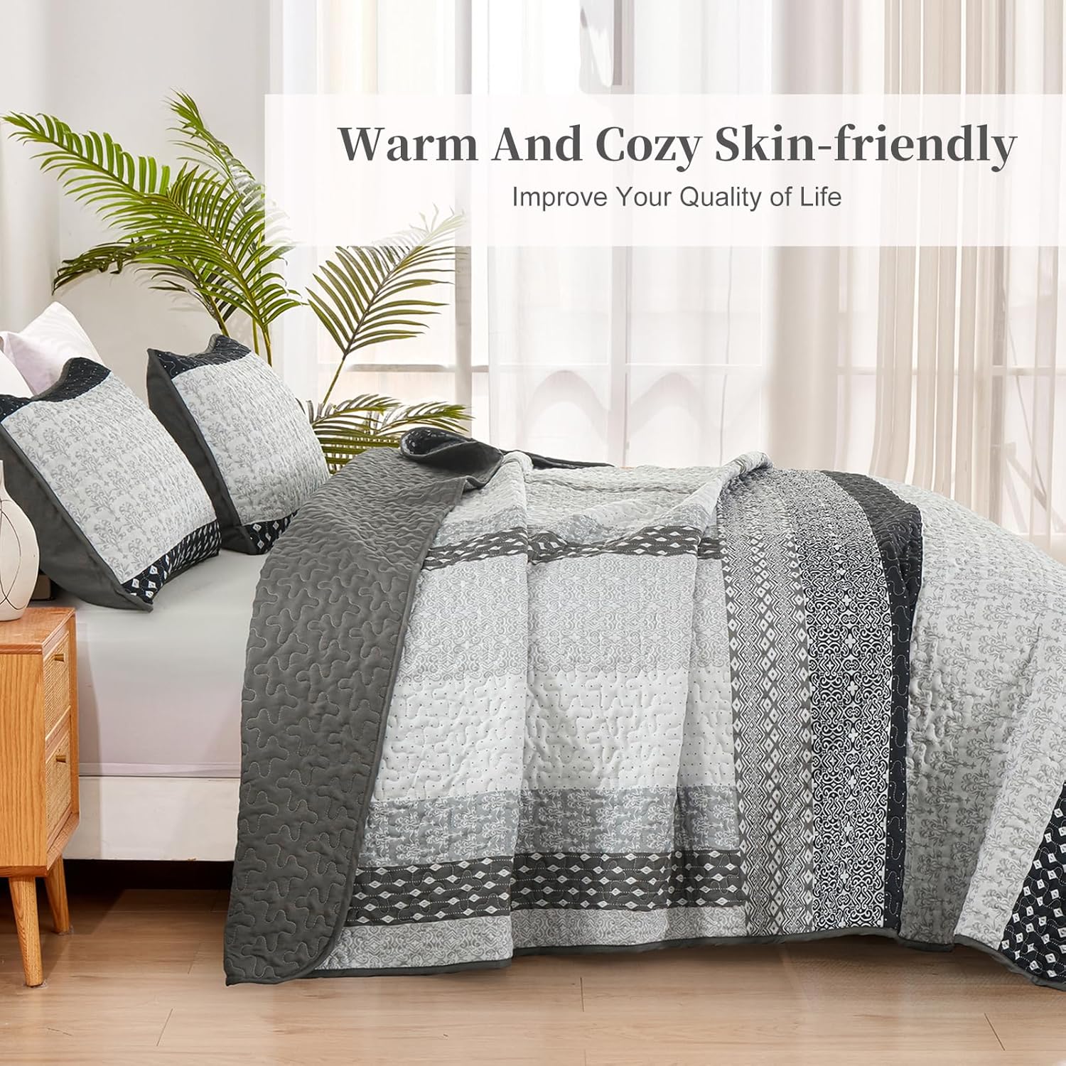 WONGS BEDDING Boho Stripe Queen Quilt Set 3 Piece