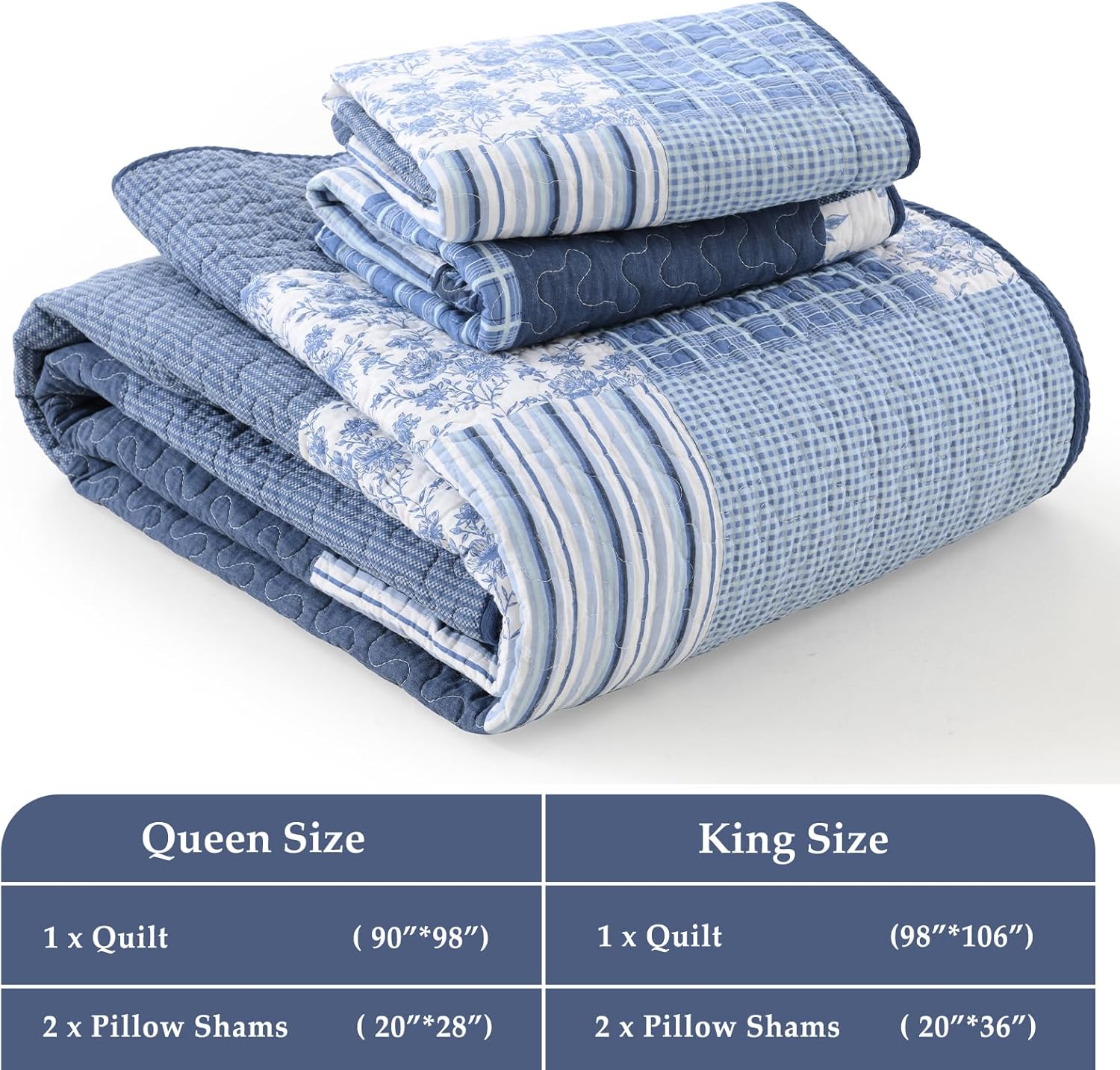 CozyStitch Plaid Queen Quilt Set - BlueWhite