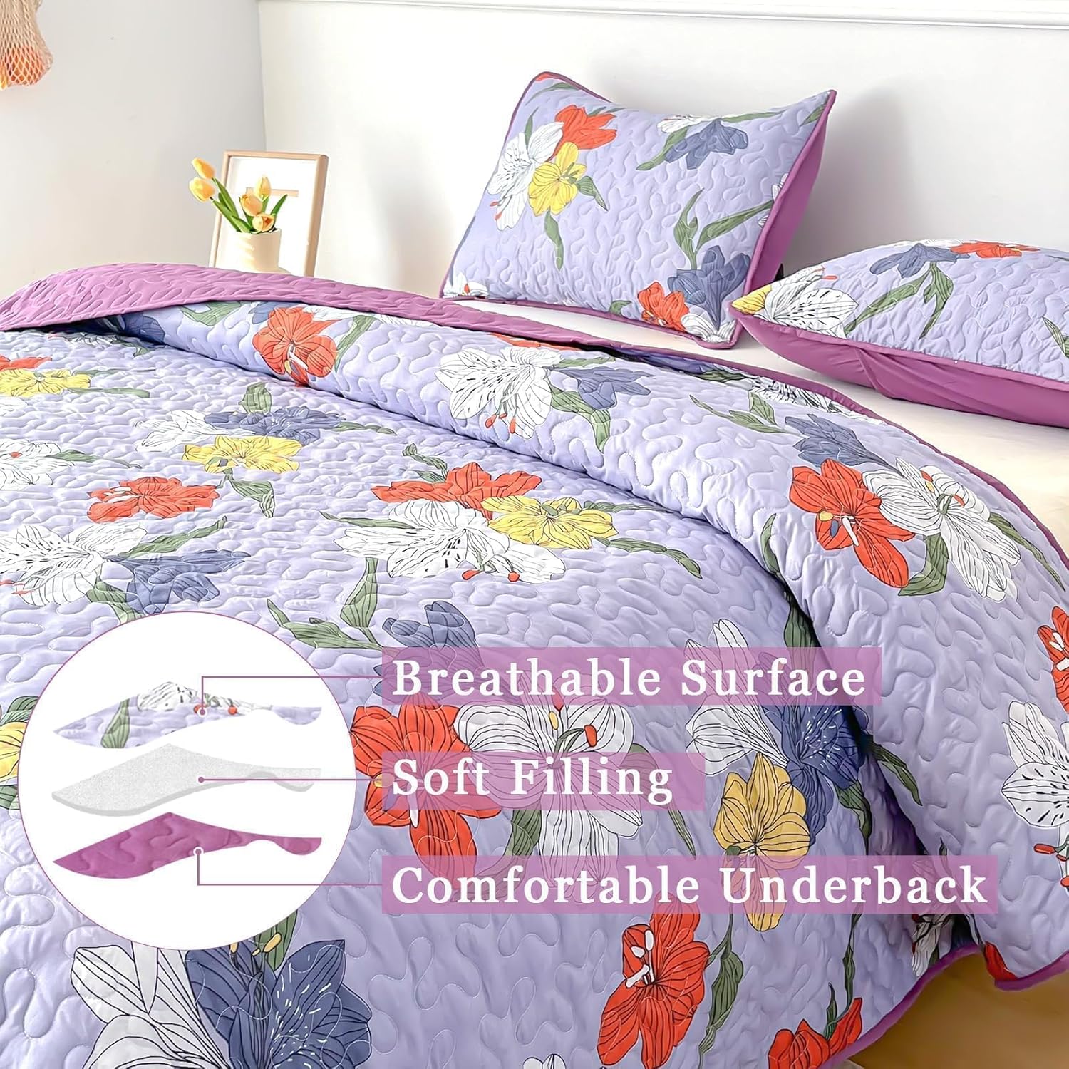 Heymybed Floral Quilt Set Queen Size 3 Piece