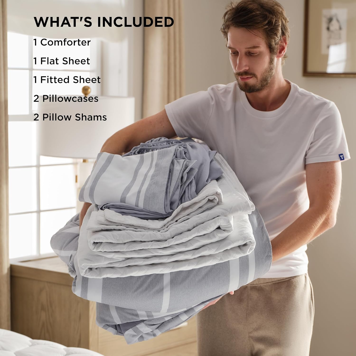 Bedsure California King Comforter Set 7 Piece Grey Striped