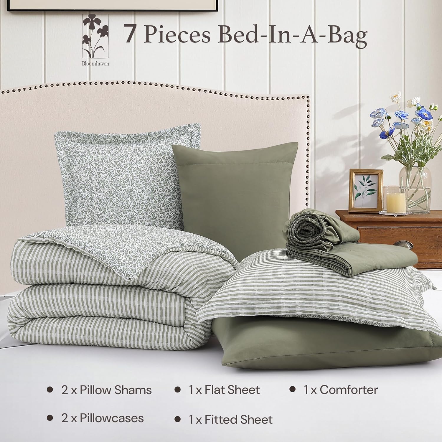 BLOOMHAVEN Full Comforter Set 7 Pieces Green Gauze Muslin Bedding