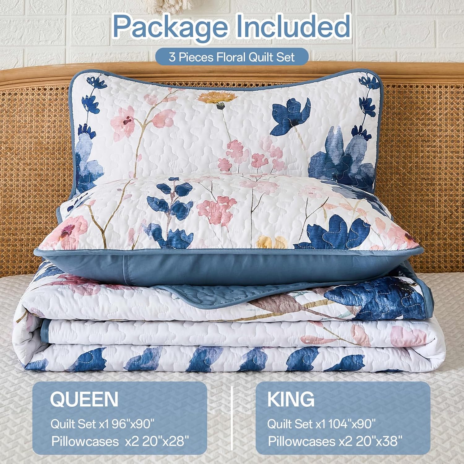 Anibedding Dark Blue Floral Quilt Set King