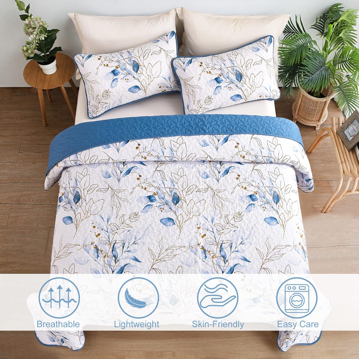 Anibedding Blue Quilt Set California King 3 Piece