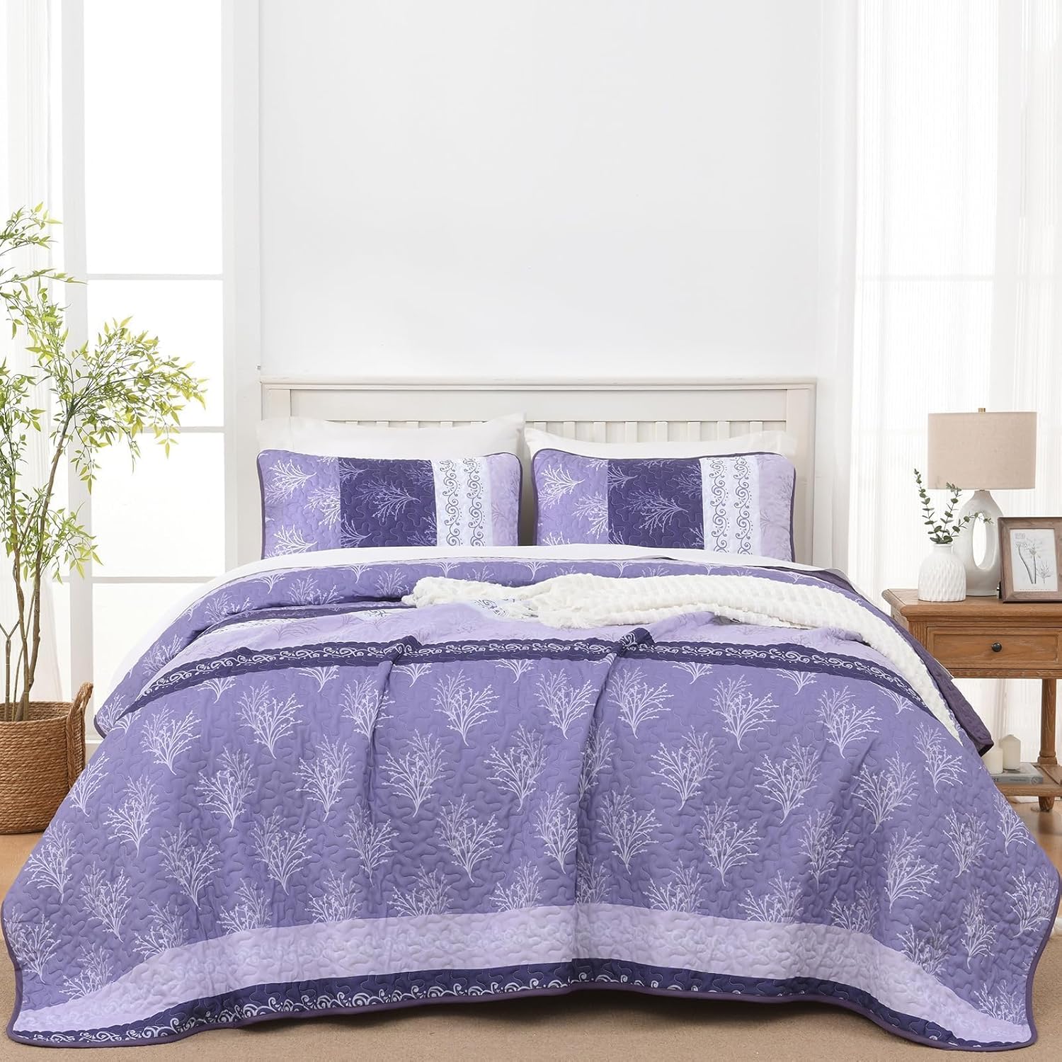 DJY Boho Quilt Set King Size Purple Striped Bedspread