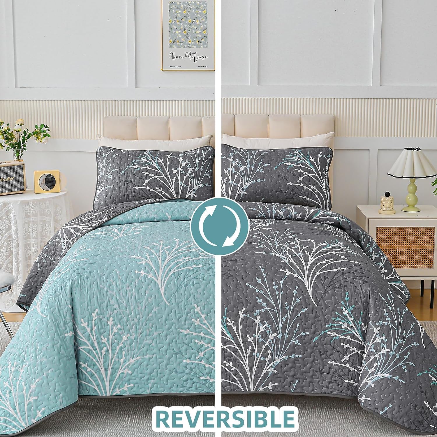 DJY Queen Size Reversible Quilt Set Grey Blue