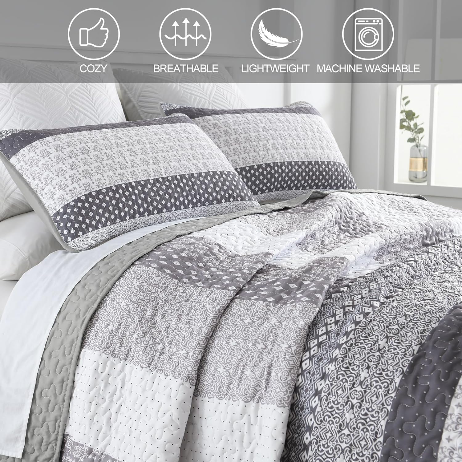 WONGS BEDDING Grey Boho Queen Quilt Set 3 pcs
