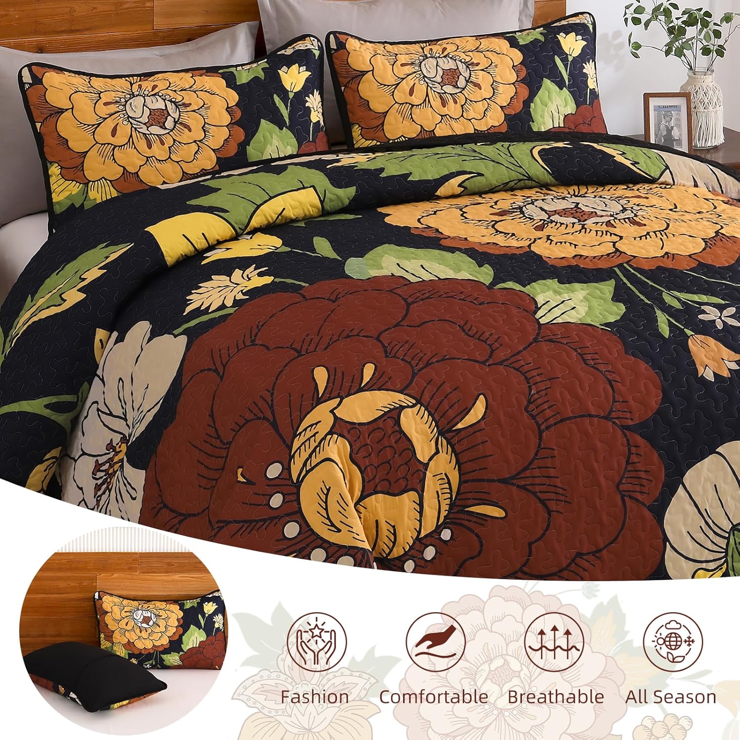 DJY Boho Floral Quilt Set Queen Size 3 Pieces