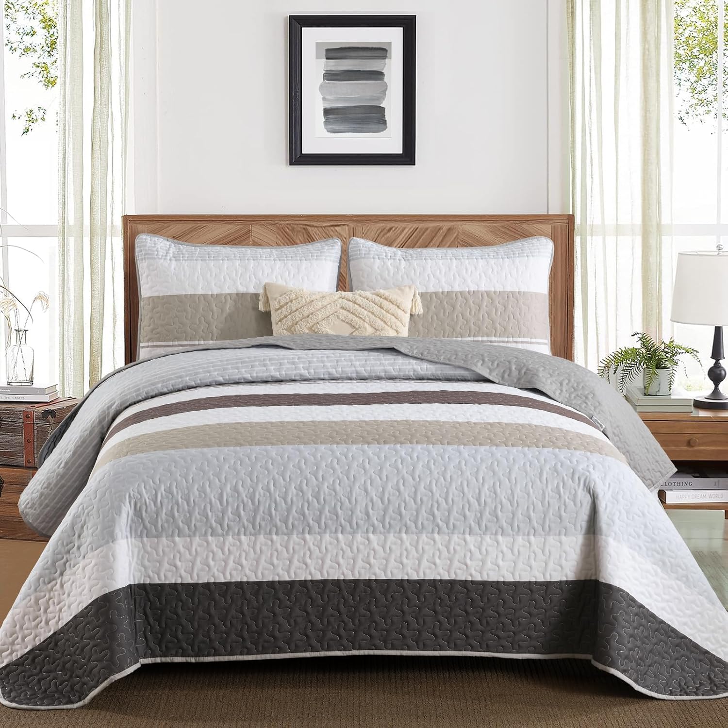 Dinjoy Grey Boho Striped California King Quilt Set
