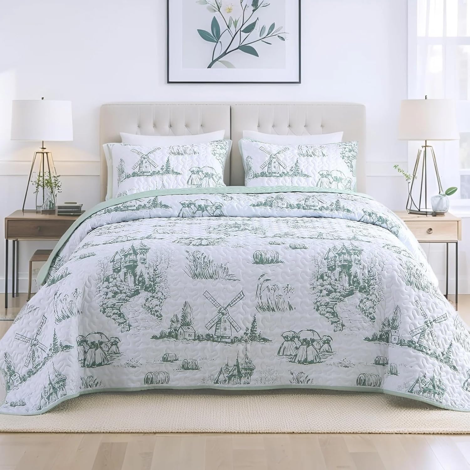 Sage Green Botanical Quilt Set King Size 3 Piece