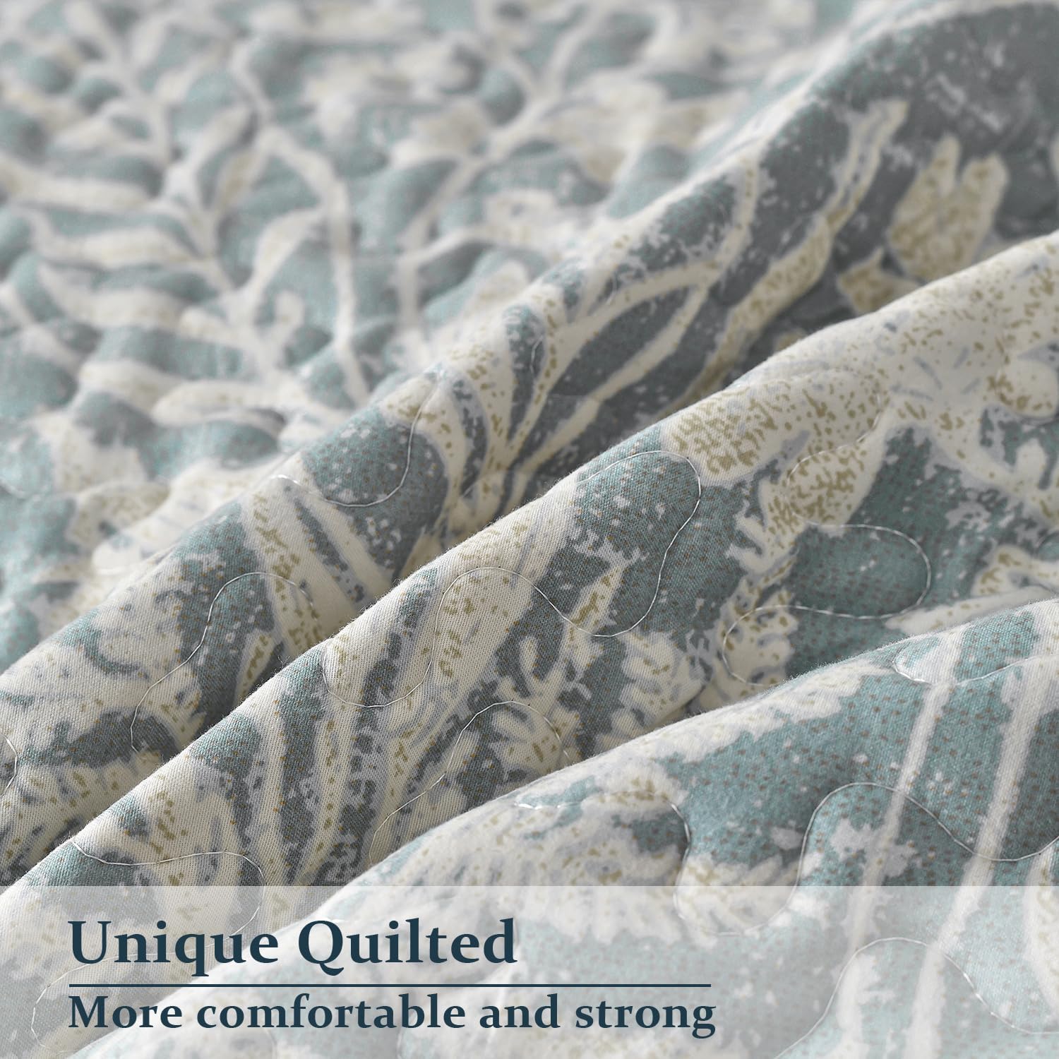 DURLENGEN Bluish Grey Botanical Quilt Set Queen 3Pcs