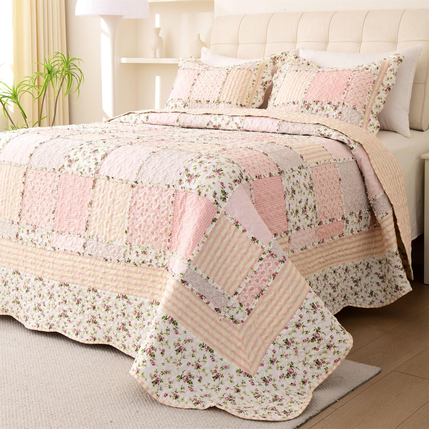 Cmfshape Garden Floral Quilt Bedspread King Size 3 Piece Set
