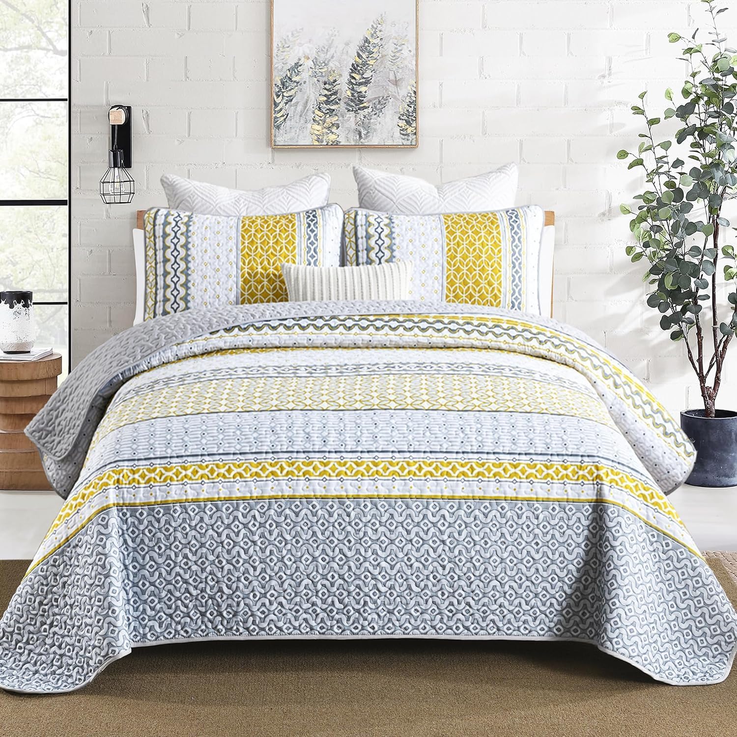 DJY Boho Yellow Grey Striped Quilt Set
