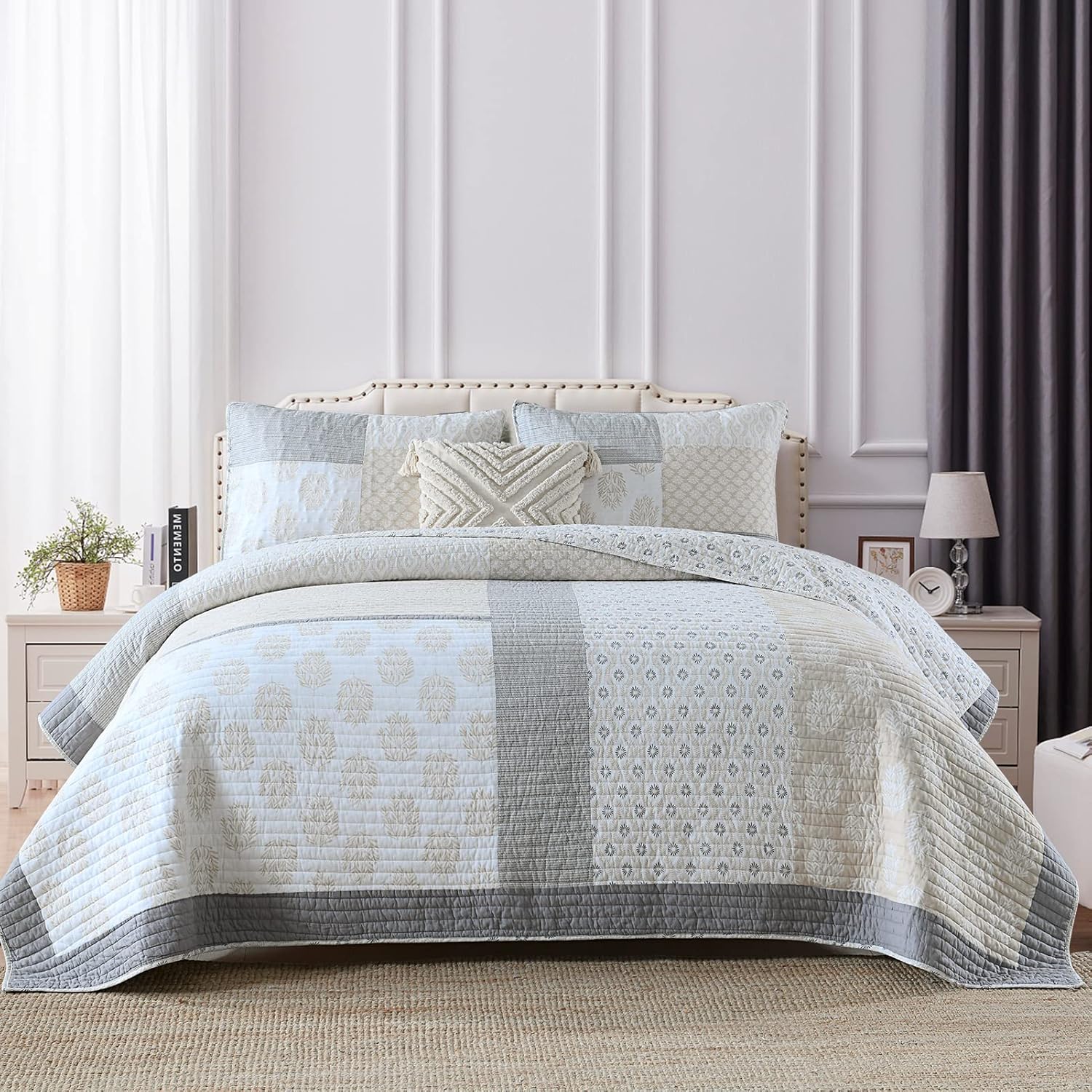 PANGUSHAN Queen Quilt Set 3 Pieces 100 Cotton Reversible Patchwork Quilt