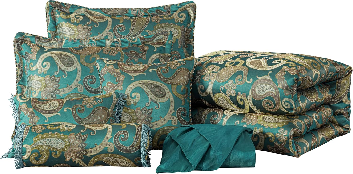 Chezmoi Adelle 7-Piece Paisley Comforter Set California King Teal 1