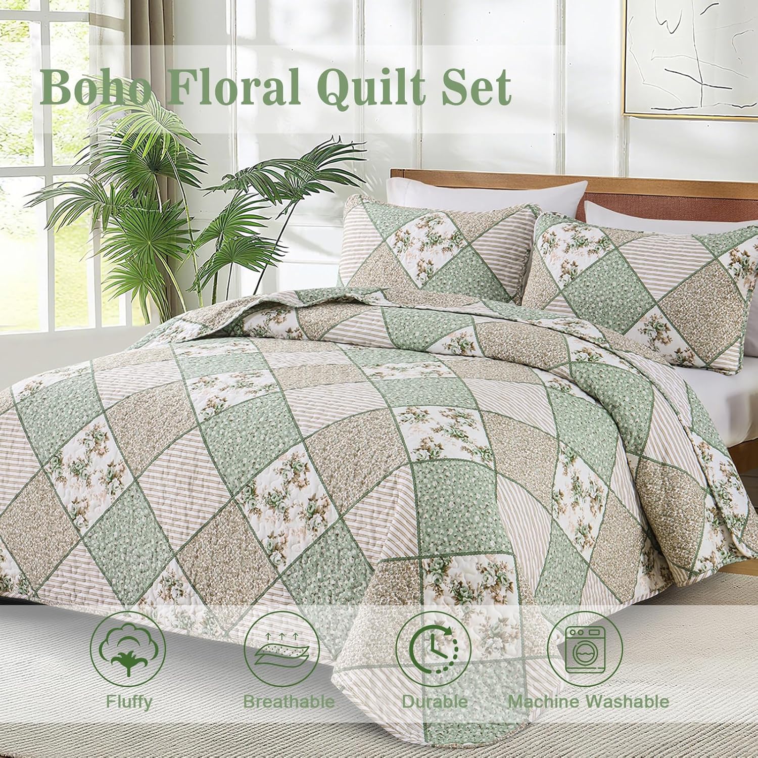 Menghomeus Sage Green Queen Quilt Set