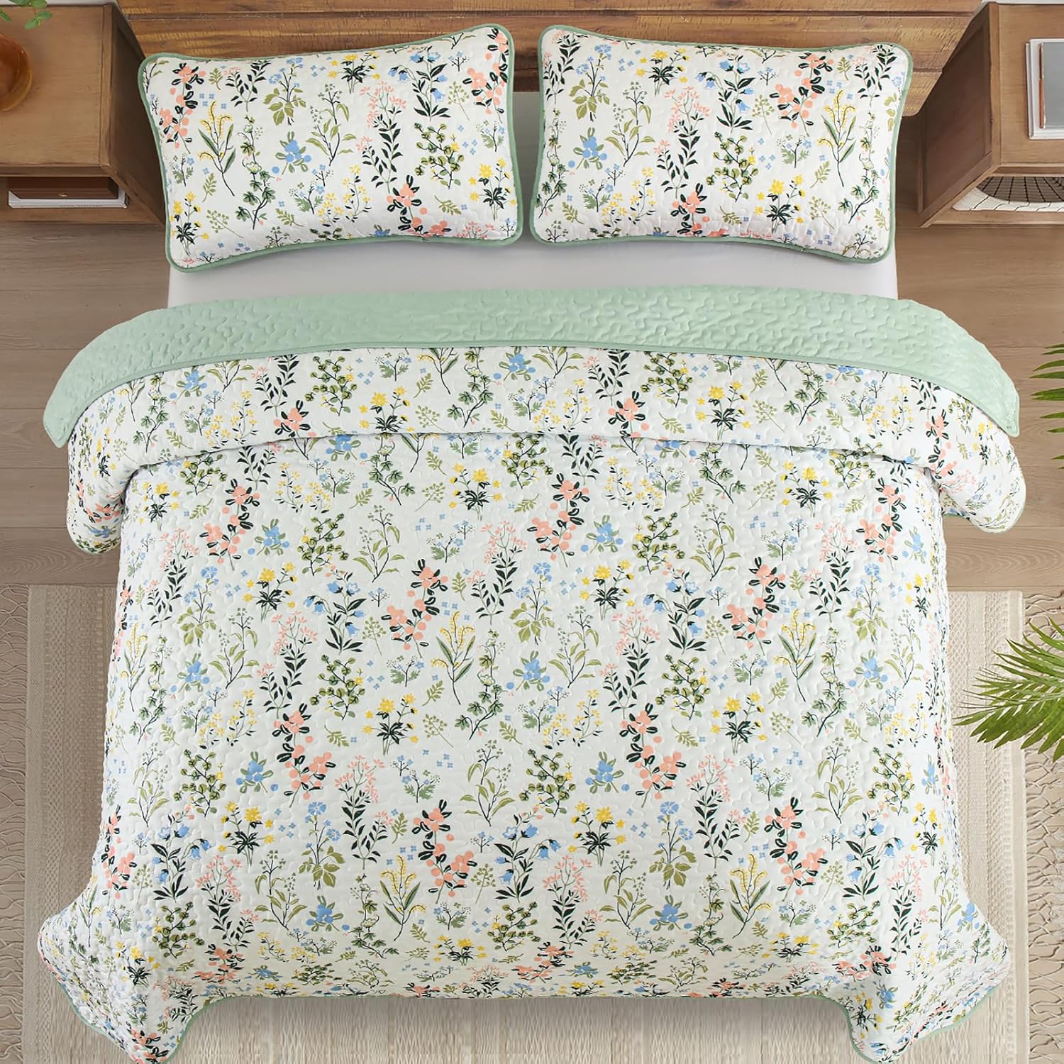 Anibedding Floral Quilt Set 3pcs King Size Green