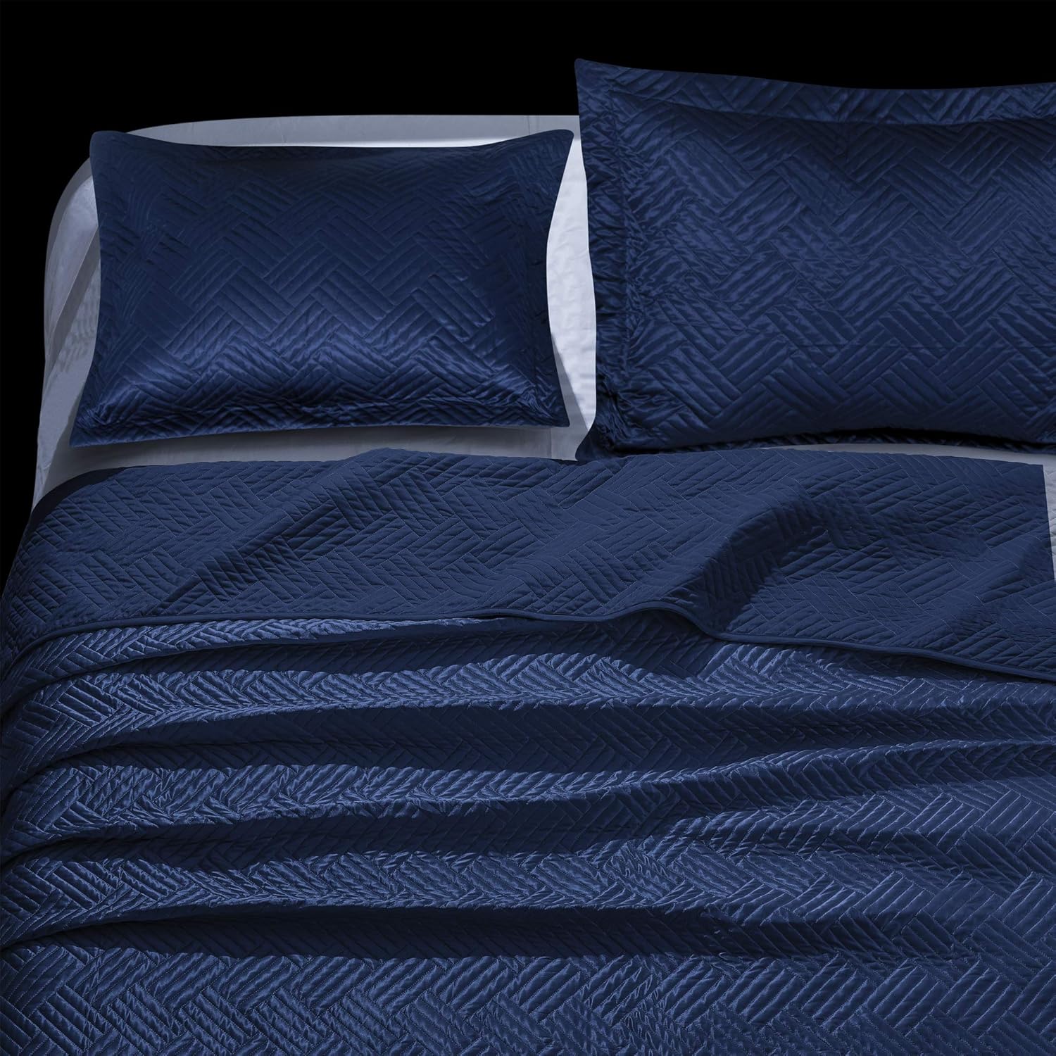 NTBAY King Silk Satin Quilt Set Navy Blue
