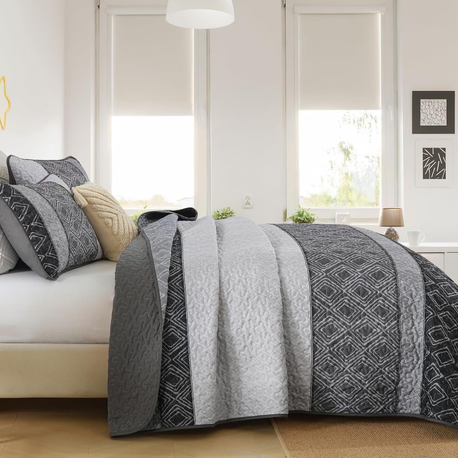 Cottolester Boho Quilt Set 3 Pieces Full Size Grey Striped Plaid