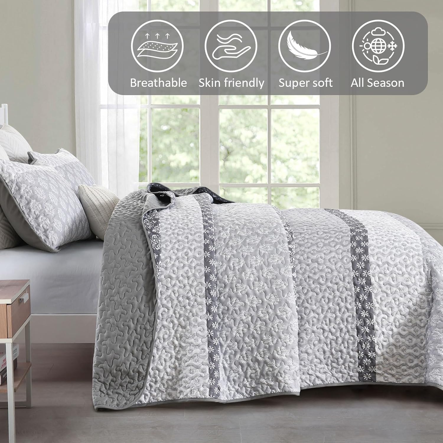 Cottolester Boho Queen Size Gray Striped Coverlet Set 3 Piece