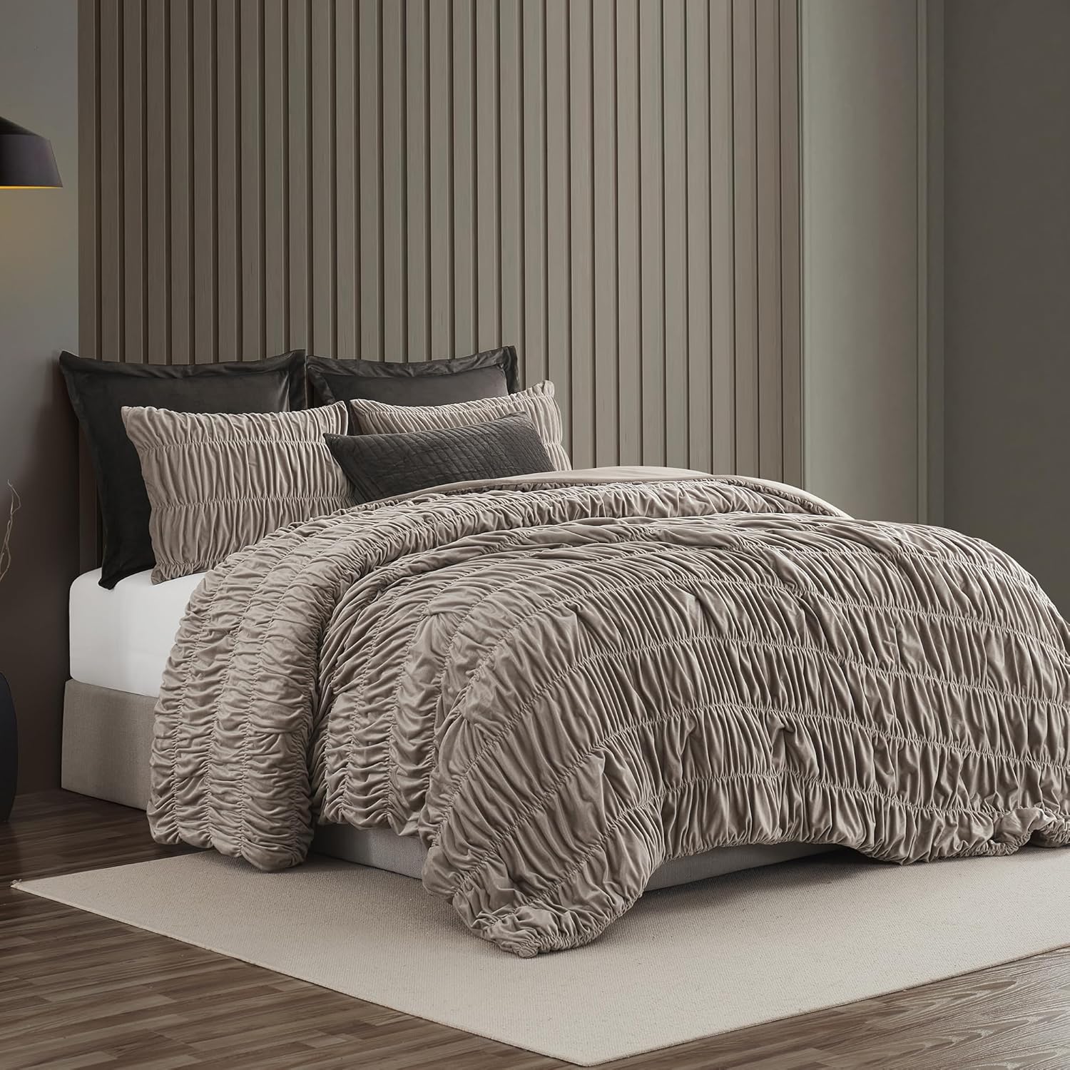 Wonderful Ruched Velvet Quilt Set Queen Size Light Brown