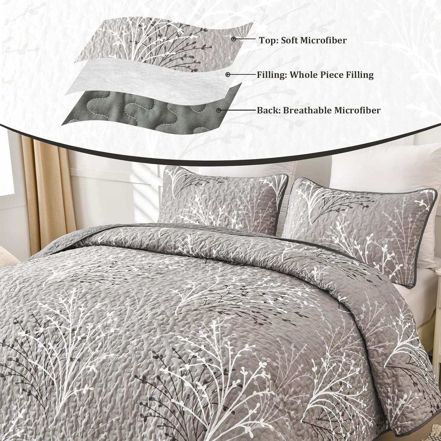 DJY Grey Botanical Quilt Set King Size 3-Piece