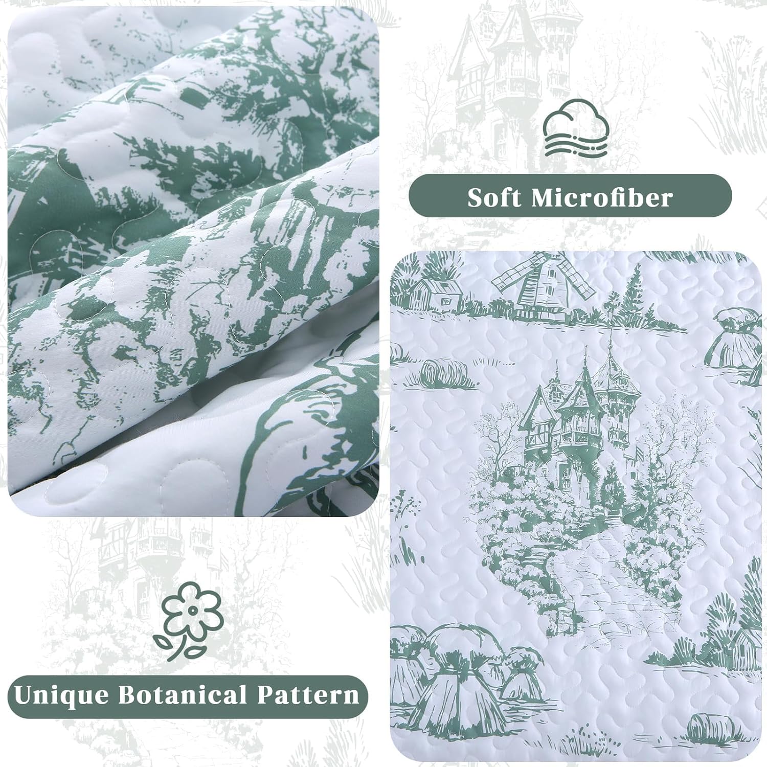 Sage Green Botanical Quilt Set King Size 3 Piece