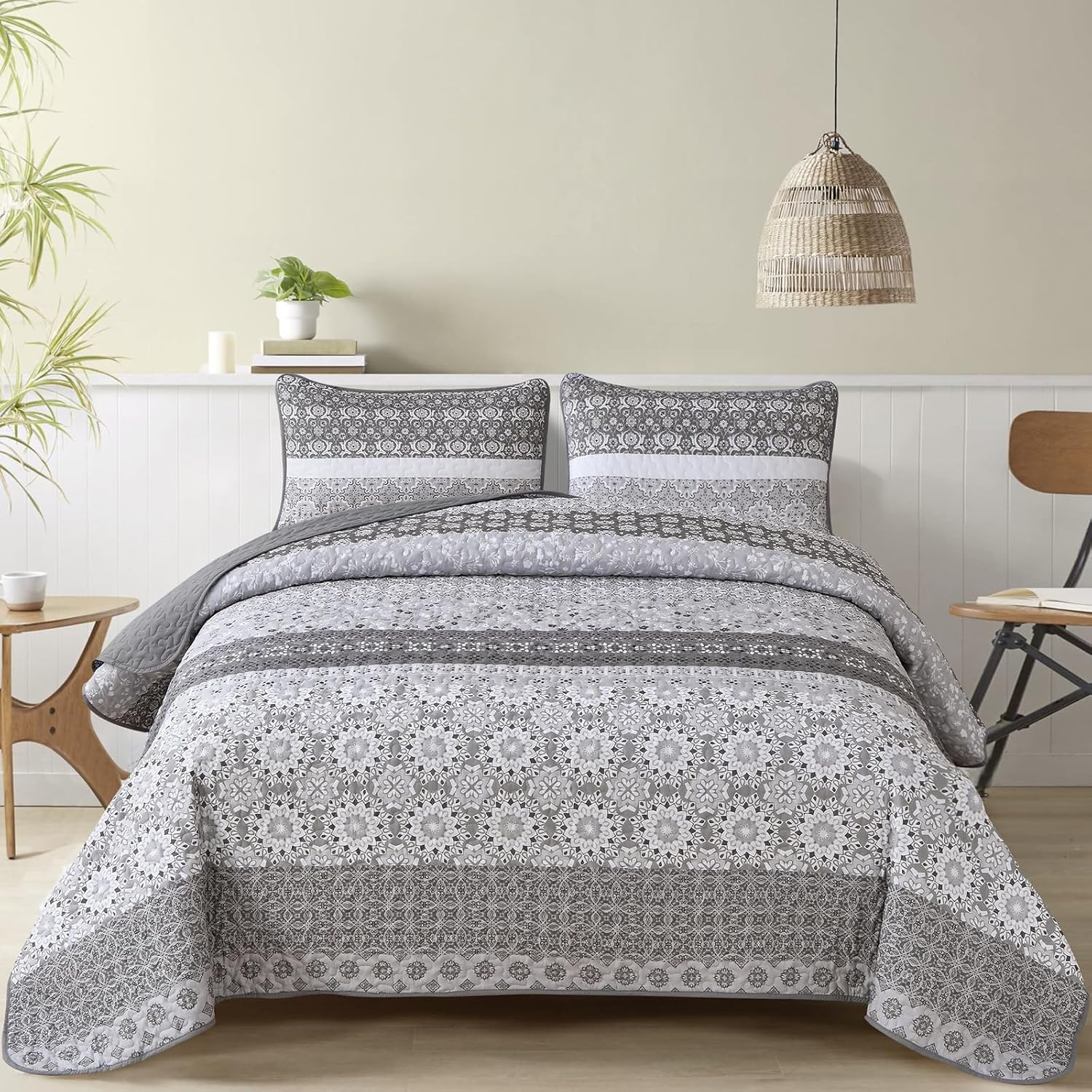 Grey Boho Quilt Set with 2 Pillowcases